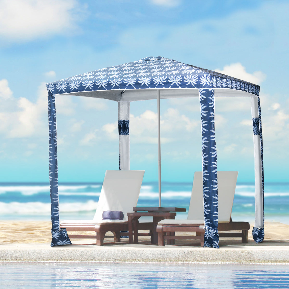 Quick Beach Cabana Canopy Umbrella, 6.5' Easy-Assembly Sun-Shade Shelter with Sandbags and Carry Bag, Cool UV50+ Fits Kids & Family, Blue Coconut Palm