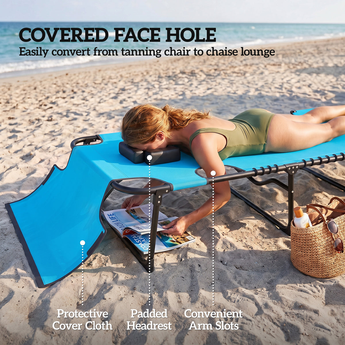 Folding Chaise Tanning Lounge Chair w/ 5-level Reclining Back, Reading Hole, Side Pocket, Headrest, Blue