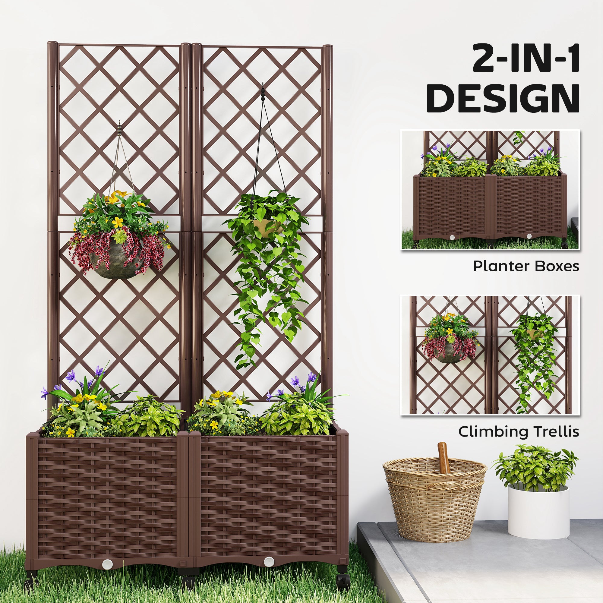 Planter Box with Trellis, Self Watering Raised Garden Bed with Lockable Wheels and Drainage Holes, Brown - Brown - Image 4