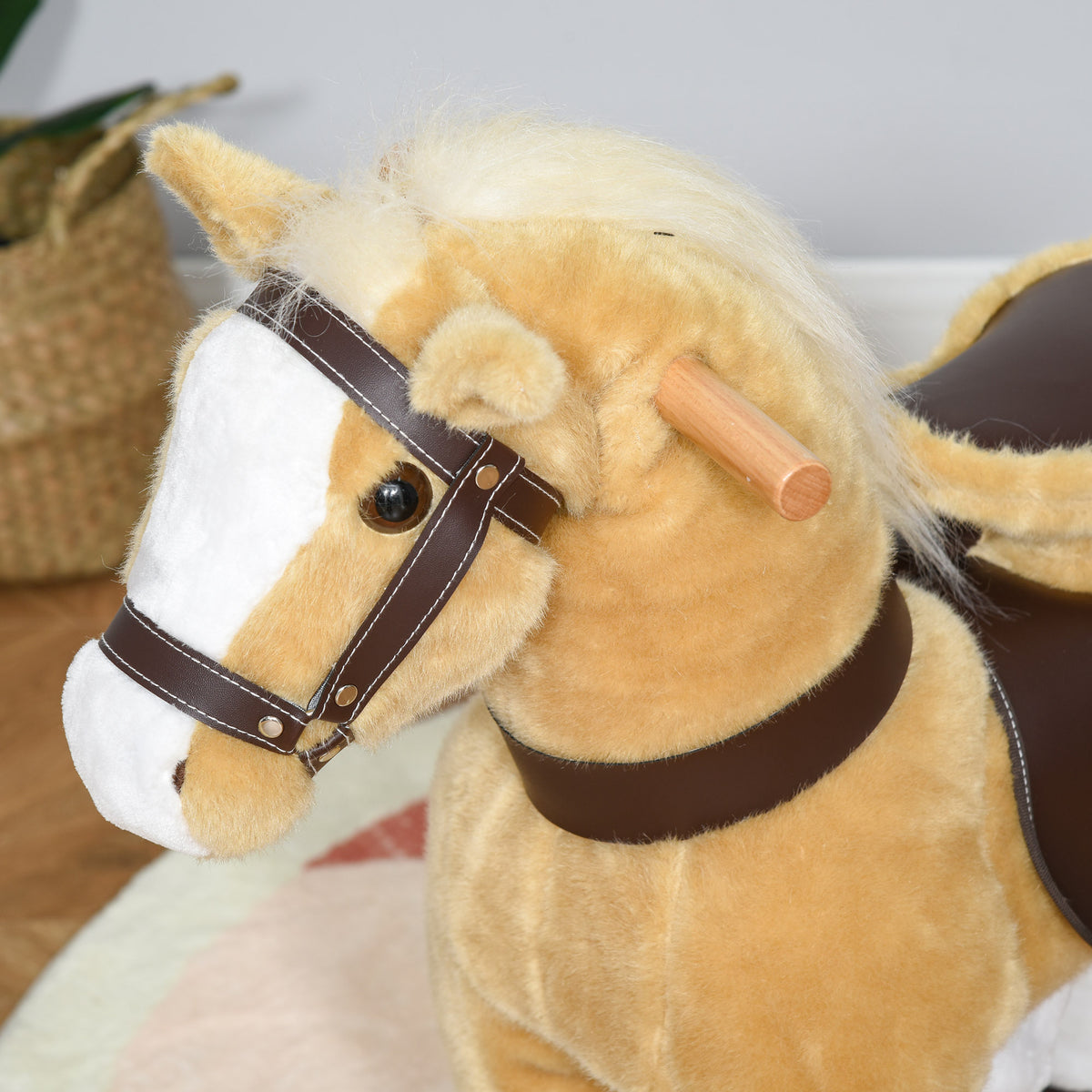 Qaba Ride on Horse, Plush Walking Horse Toy, Kids Riding Chair with Wheels for Kids 3-9 Years, Light Brown