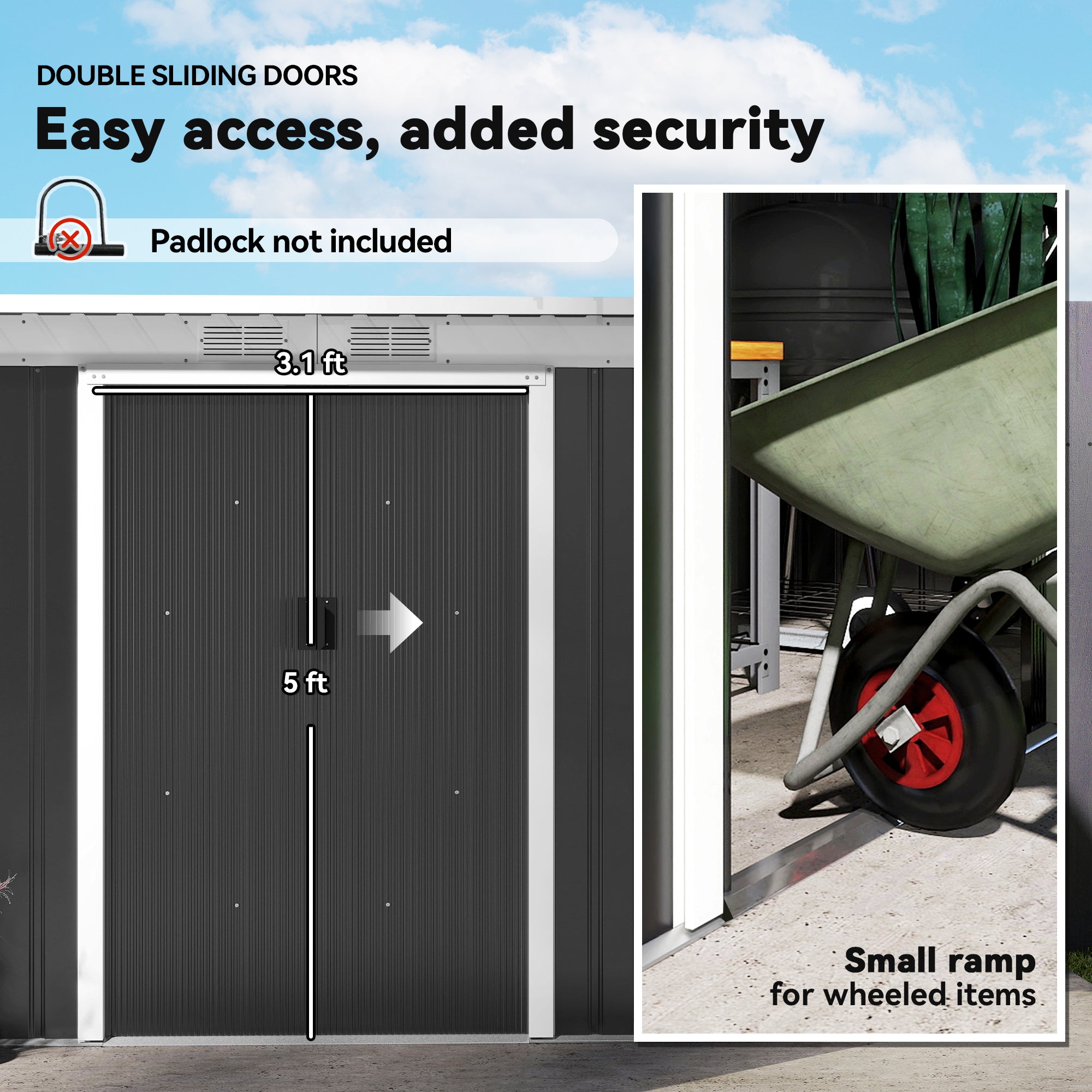 9' x 4' Metal Outdoor Storage Shed, Tool House with Double Lockable Doors for Backyard, Patio, Lawn, Garage, Dark Gray - Dark Gray - Image 5