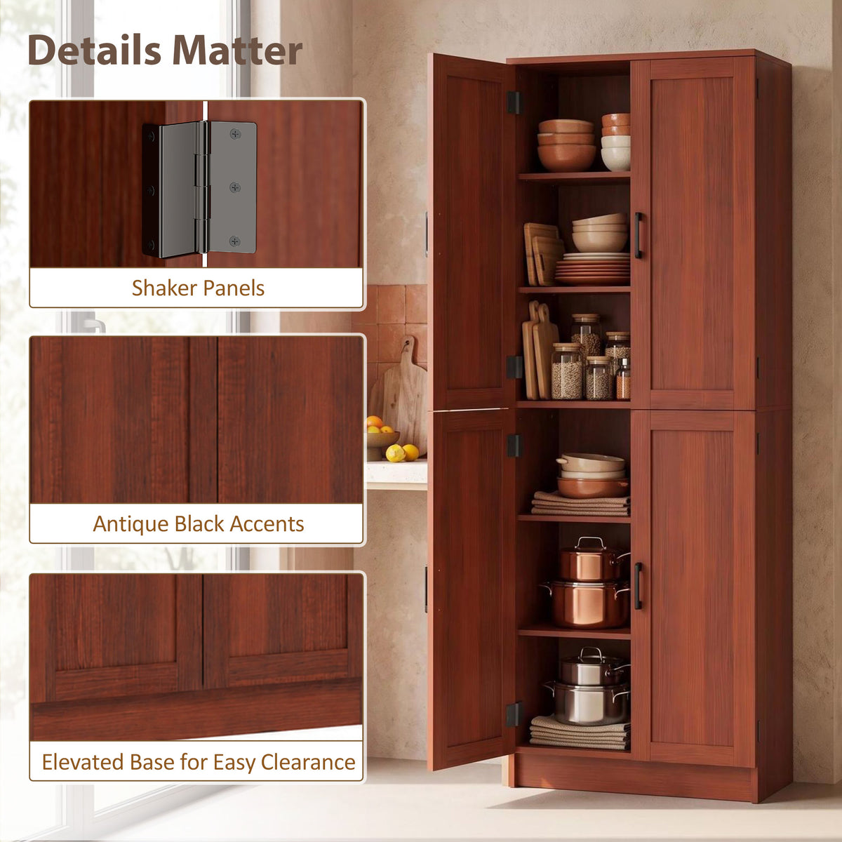 Freestanding Kitchen Pantry, 4-Door Kitchen Pantry Cabinet with Adjustable Shelves and Doors, Dark Brown