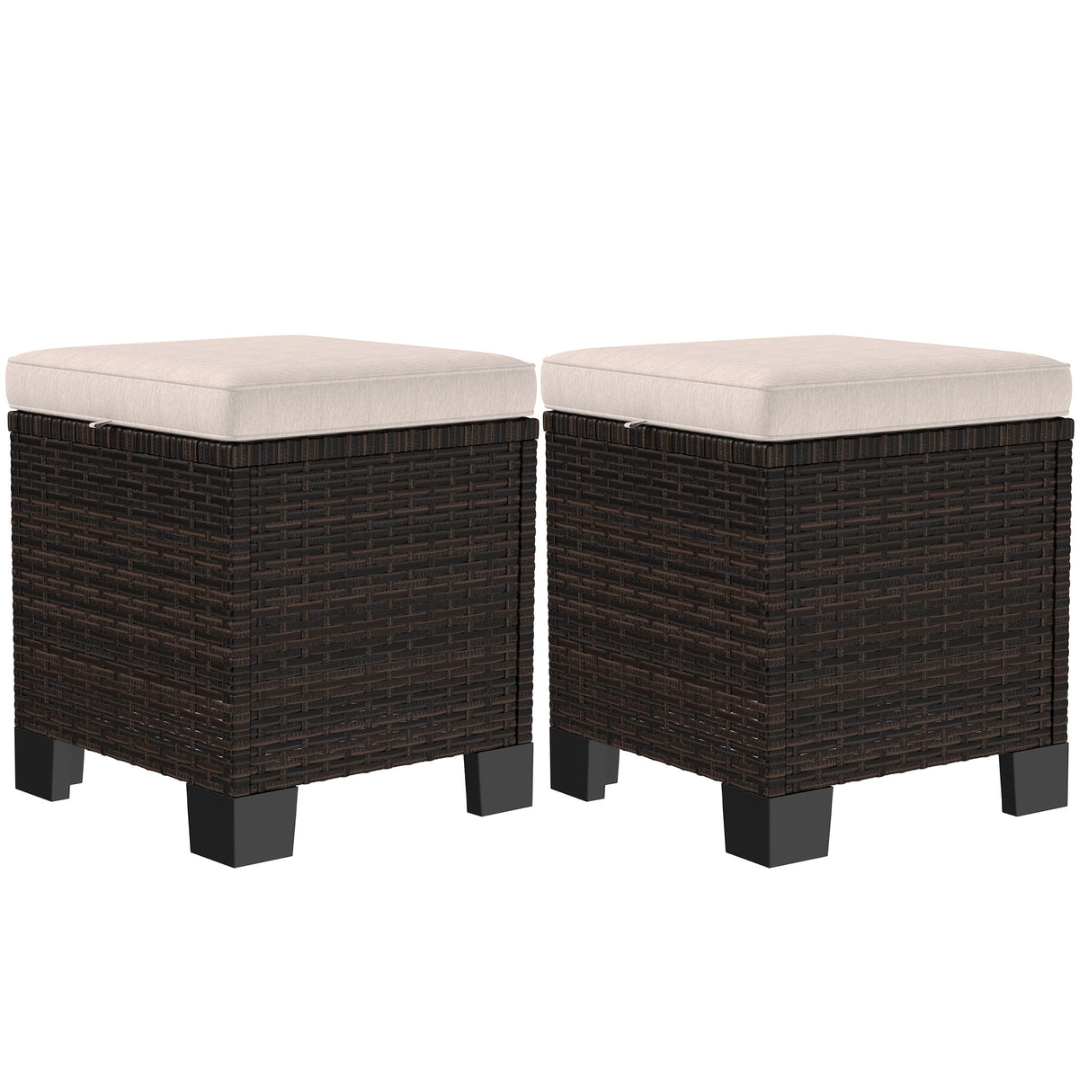 2 Piece Wicker Outdoor Ottomans with Cushions, Rattan Ottoman Footrest and Side Table for Patio, Yard, Poolside, Cream