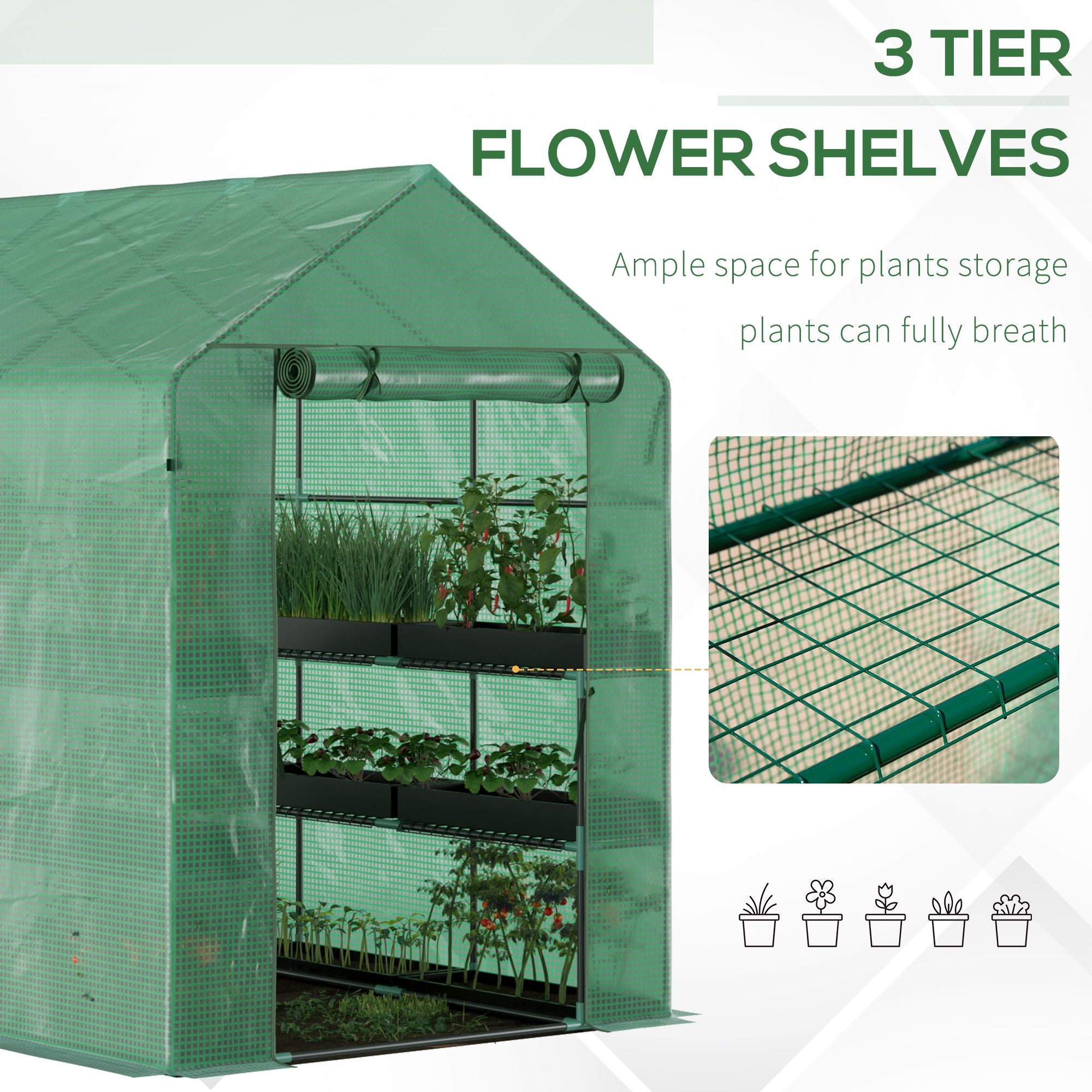 7' x 5' x 6' Walk-in Greenhouse for Outdoors with Mesh Door, 18 Shelf Hot House with Trellis, Plant Labels, UV Protective for Growing Flowers, Herbs, Vegetables, Saplings, Green - Green - Image 7