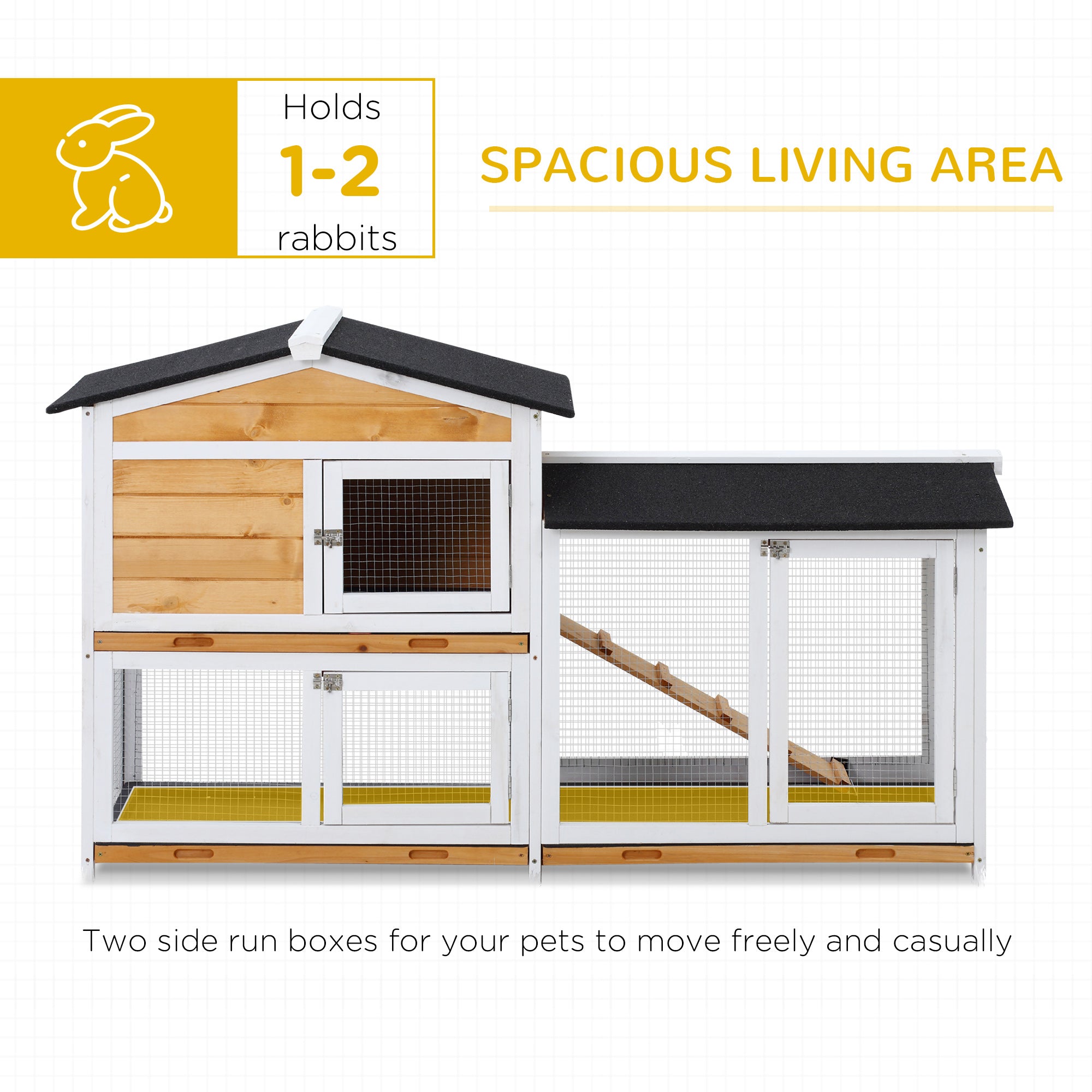 62" Rabbit Hutch, Wooden Bunny Hutch, Guinea Pig Cage, Small Animal Enclosure with Run Area, Removable Tray, Asphalt Roof, Lockable Doors and Ramp, for Rabbits, Chickens, Ducks, Nature Wood - Natural Wood - Image 5