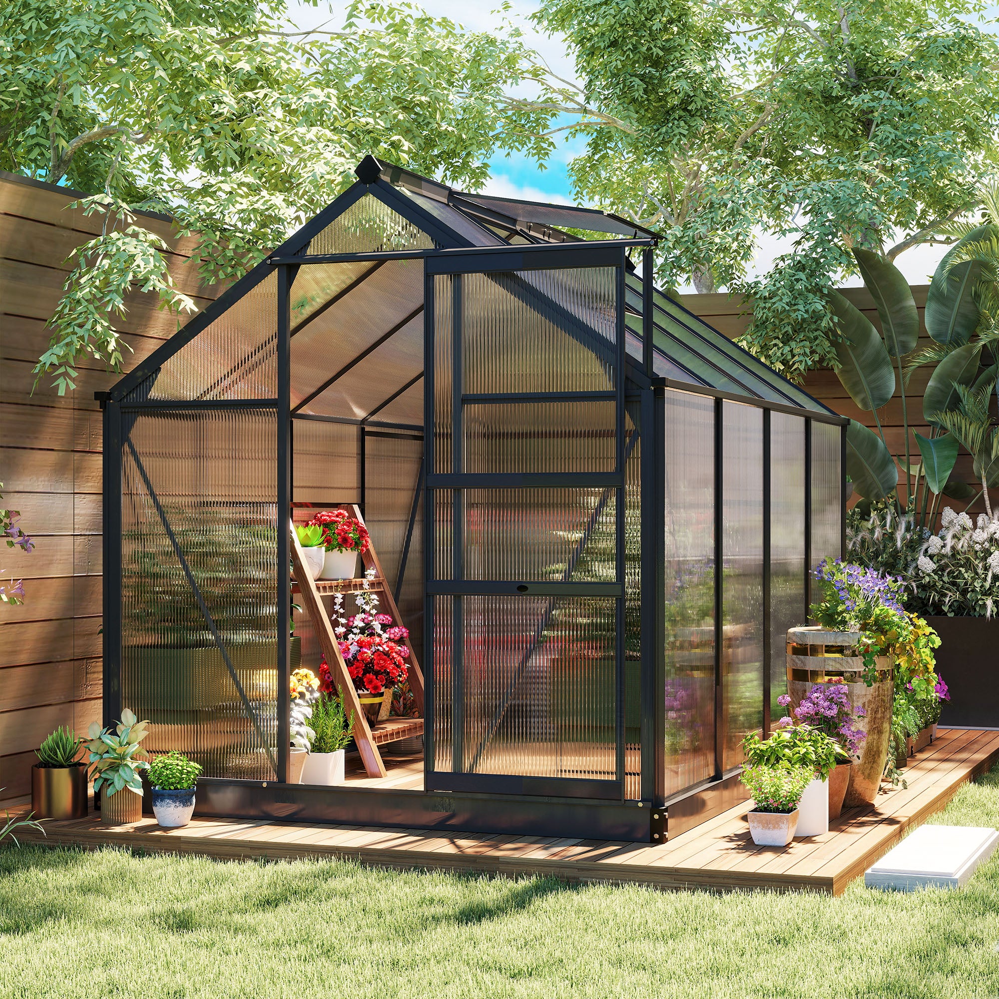 Polycarbonate Greenhouse, Heavy Duty Outdoor Aluminum Walk-in Green House Kit Vent Door, 6.2'x8.3'x6.6' Gray - Gray - Image 2