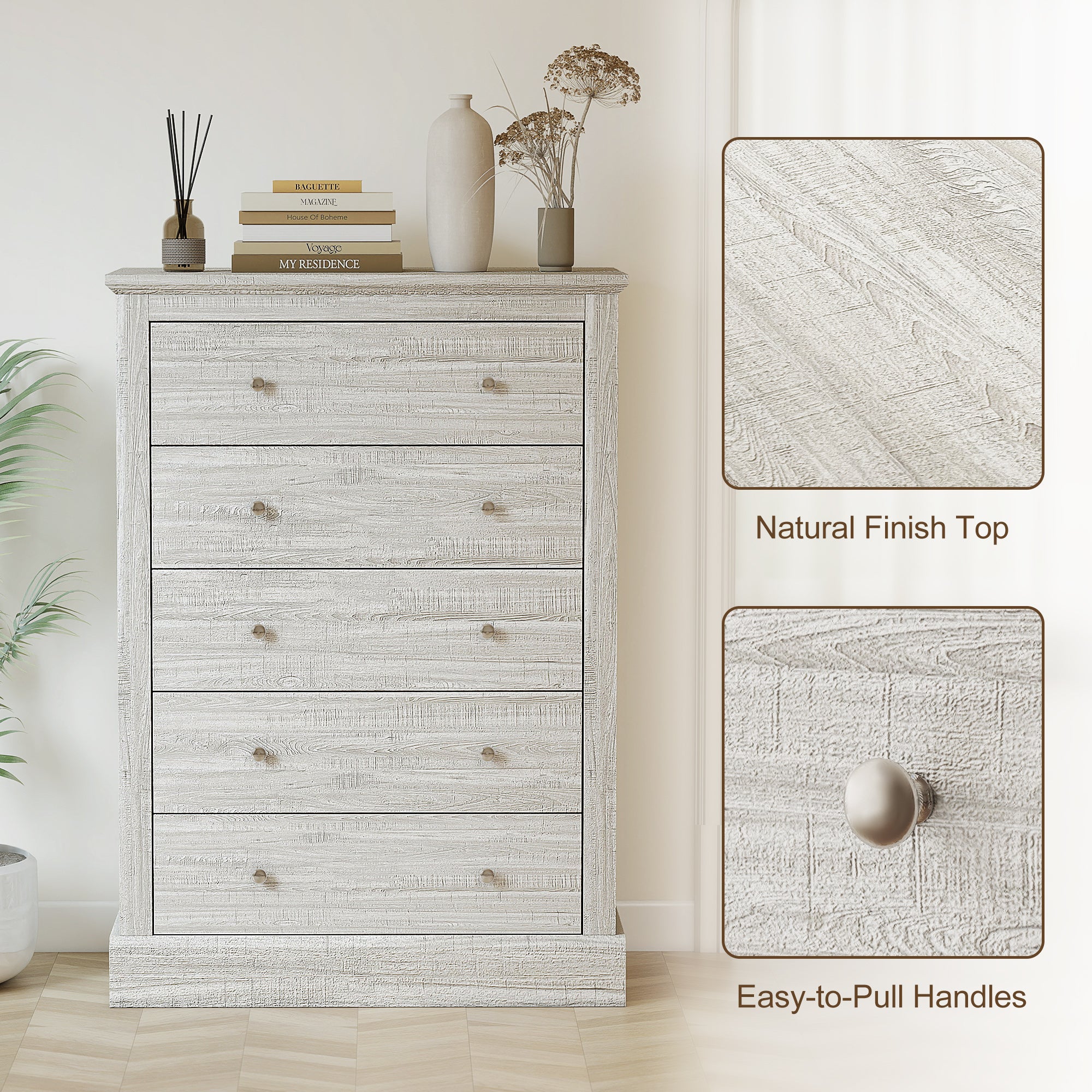 31" Wide Farmhouse Chest of Drawers with 5 Drawers, Dresser for Bedroom with Wood Top for Living Room, Dirty Oak