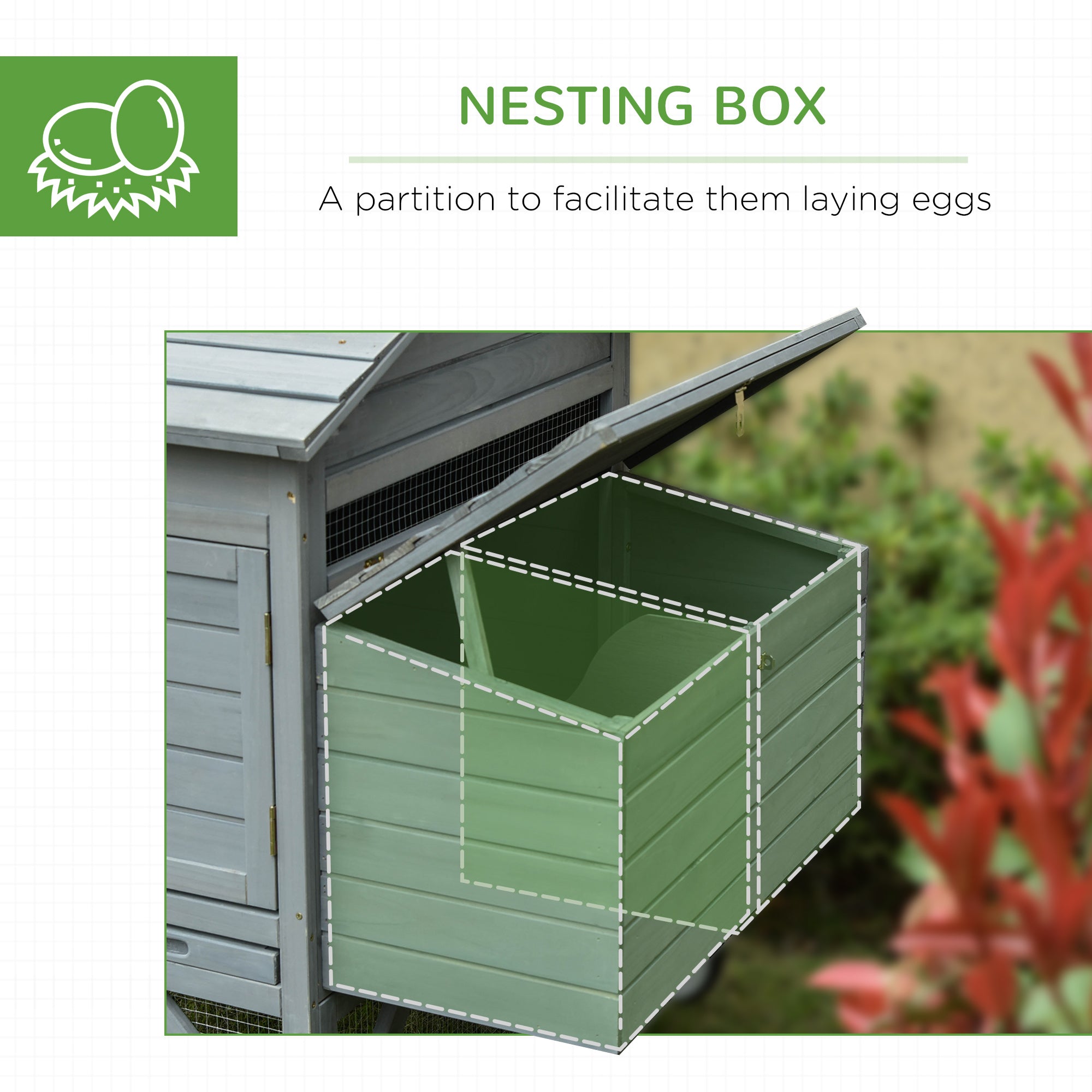 96.5" Chicken Coop Wooden Hen House Poultry Cage Pen Portable with Wheels and Nesting Box, Chicken Cage for Backyard Outdoor, Gray - Grey - Image 7