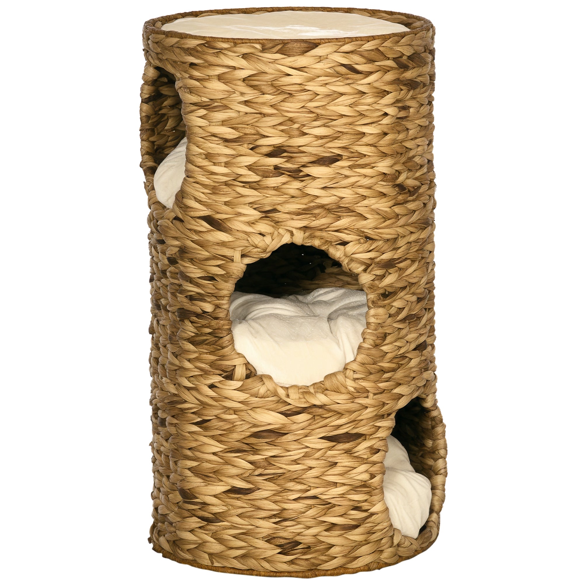 Elevated Cat Bed with Three Hideaways & Four Soft Plush Cushions, Cat Tower with Hand-Woven Materials, Multi-Layer Raised Kitten Bed Caves - Brown