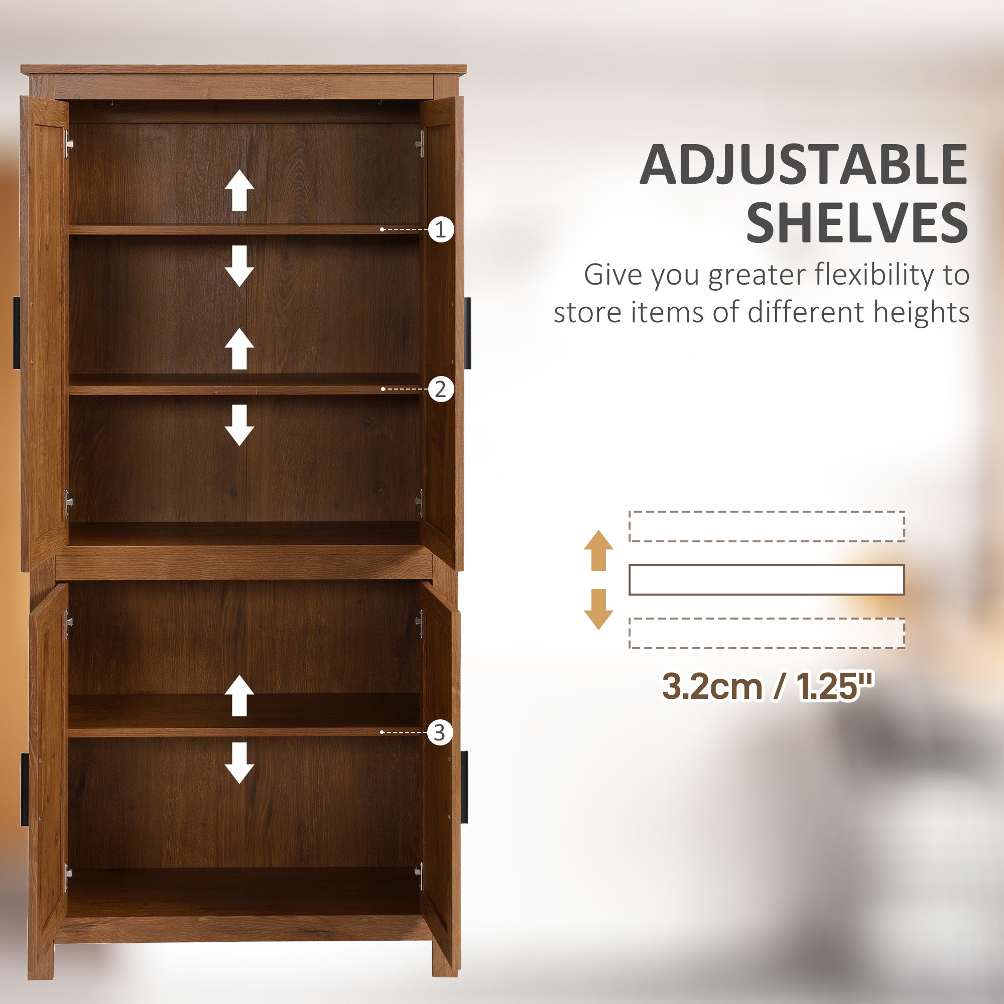 64" 4-Door Kitchen Pantry, Freestanding Storage Cabinet with 3 Adjustable Shelves for Kitchen, Oak