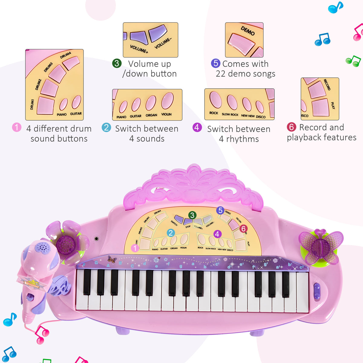 Qaba 32-Key Princess Electronic Toy Piano for Kids, Educational Keyboard Piano with Stool, MP3, Record, Flashing Lights, Microphone for 3-6 Years, Pink