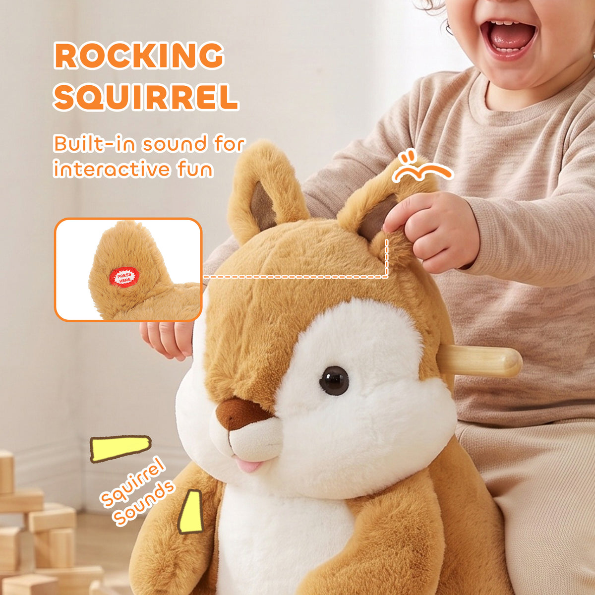 Baby Rocking Horse for Toddlers 1-3 Years, Squirrel Rocking Horse Toy with Sounds, Seat Belt and Rocking Stopper, Brown