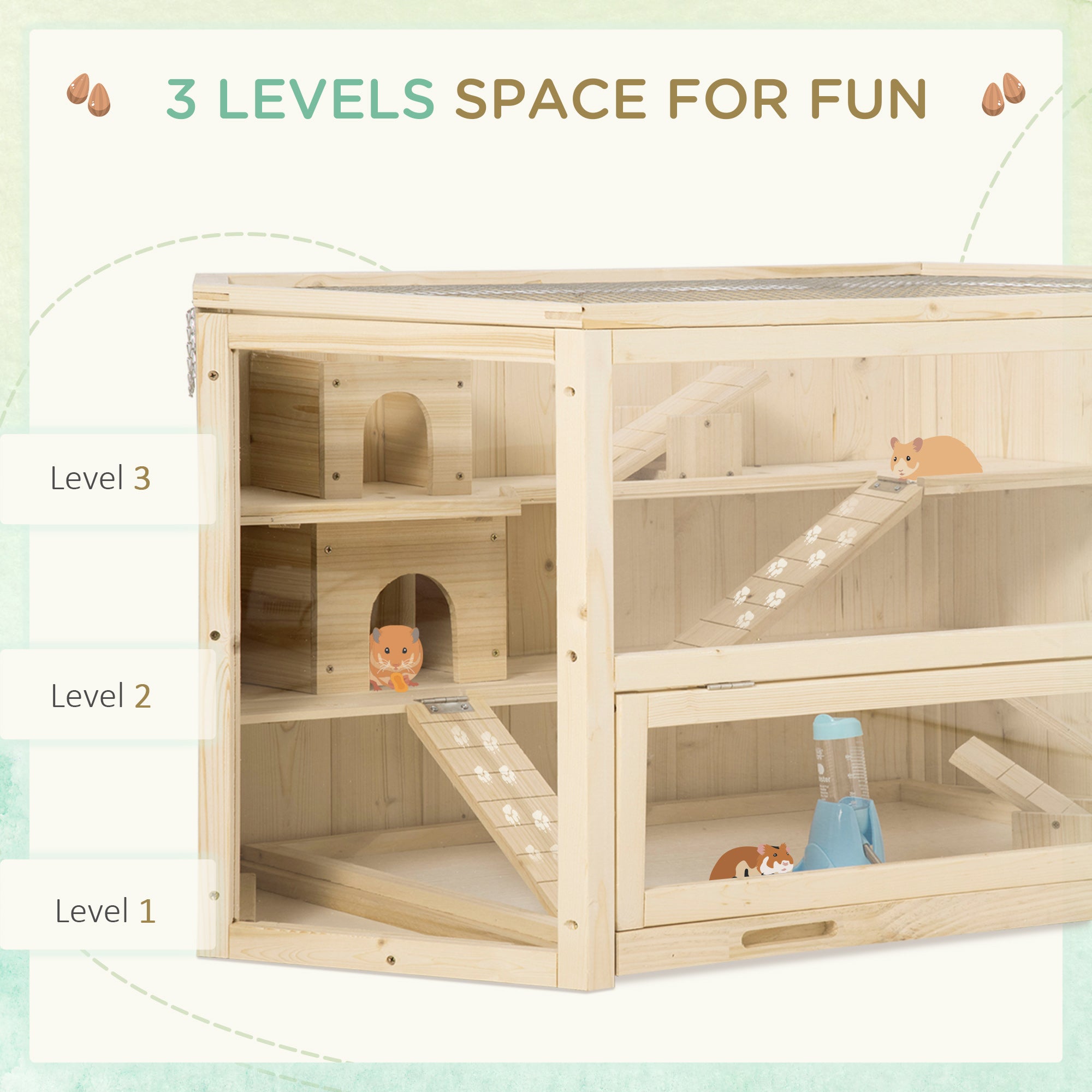 Wooden Large Hamster Cage Small Animal Exercise Play House 3 Tier with Tray, Seesaws, Water Bottle, Activity Center, Natural - Natural Wood - Image 5