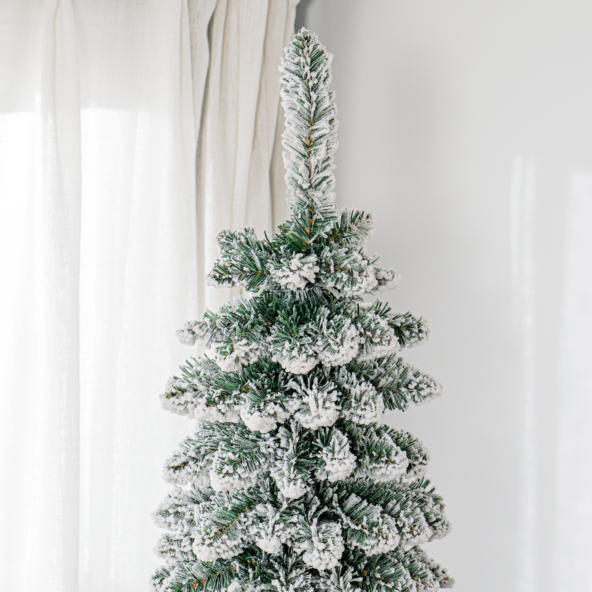 8' Tall Unlit Slim Pencil Xmas Tree, Snow Flocked Artificial Christmas Tree with Realistic Branches and 603 Tips, Green