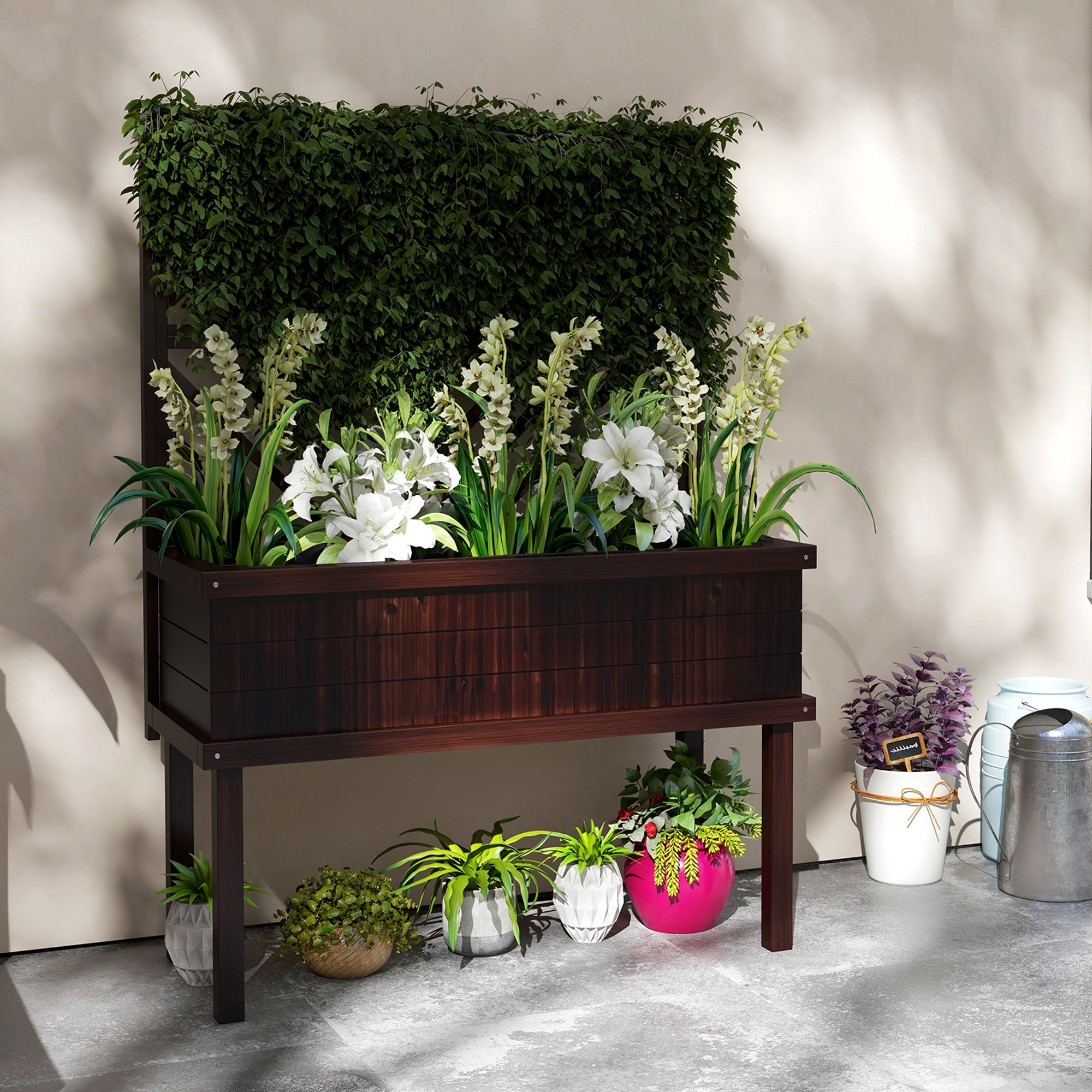 Elevated Wood Planter with Trellis for Climbing Plants, Raised Garden Bed with Legs and Drainage Holes, Carbonized - Carbonized - Image 2