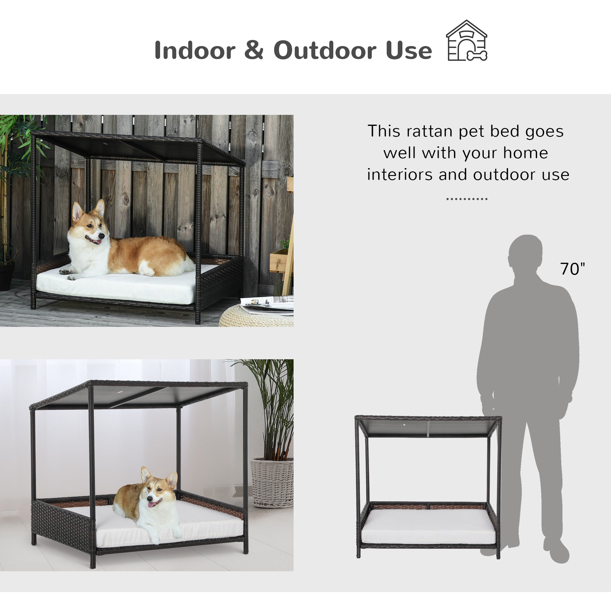 Wicker Dog House Raised Rattan Puppy Bed Cat Shelter for Indoor Outdoor Garden Patio Pet Sofa with Removable Cushion for Medium Sized Pet Brown - Brown and White - Image 5