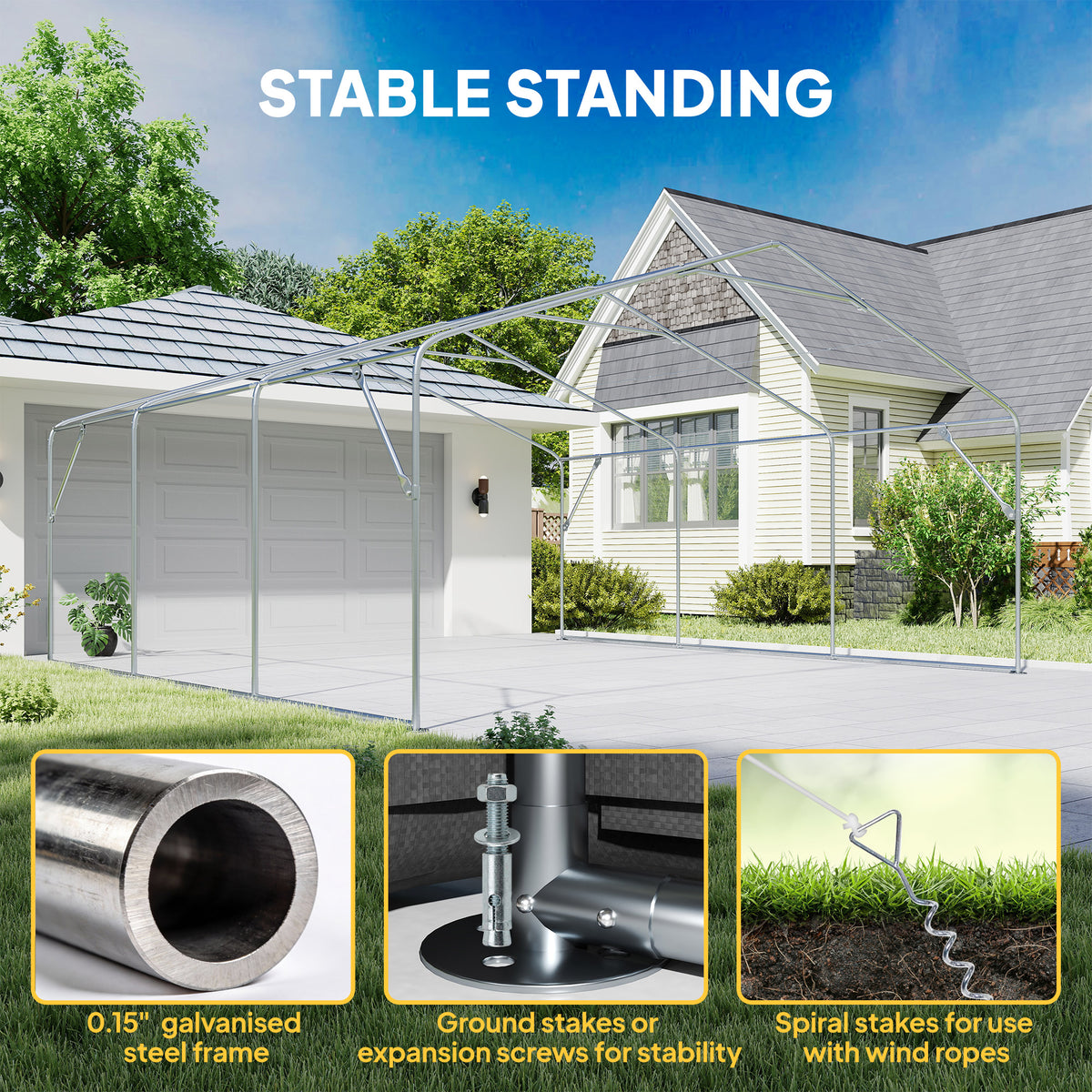 20' x 20' Heavy Duty Carport, Portable Garage Car Canopy Tent Shelter with 3 Roll-up Doors, 4 Windows, Dark Gray