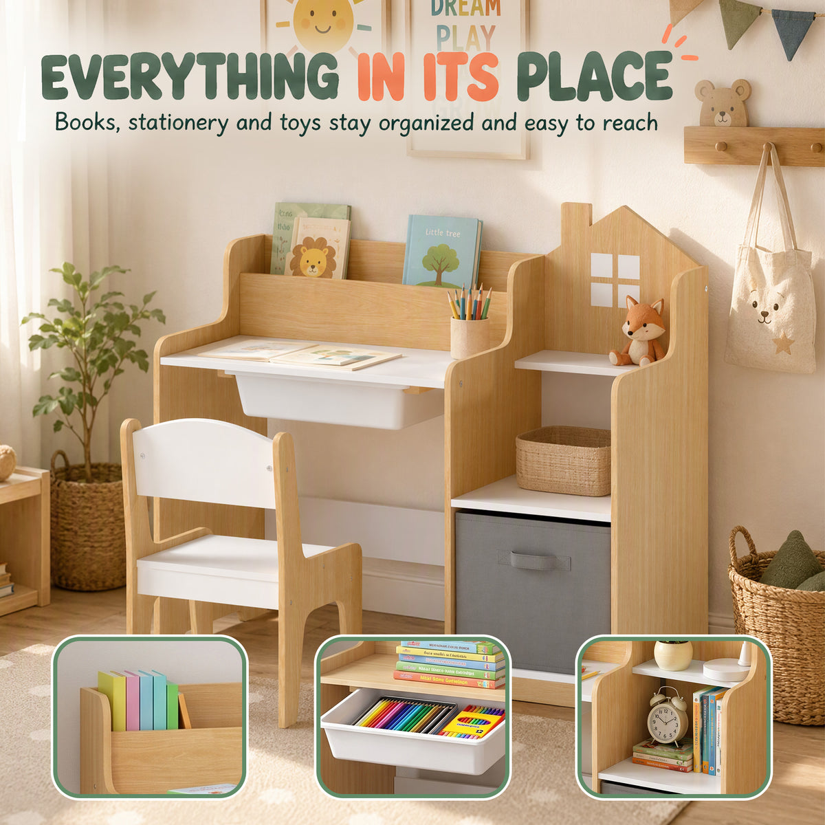 Kids Desk and Chair Set with 2 Desktop Cubbies, Fabric Bin, Plastic Drawer, Bookshelf, Anti-Tip Device for 3-8 Years