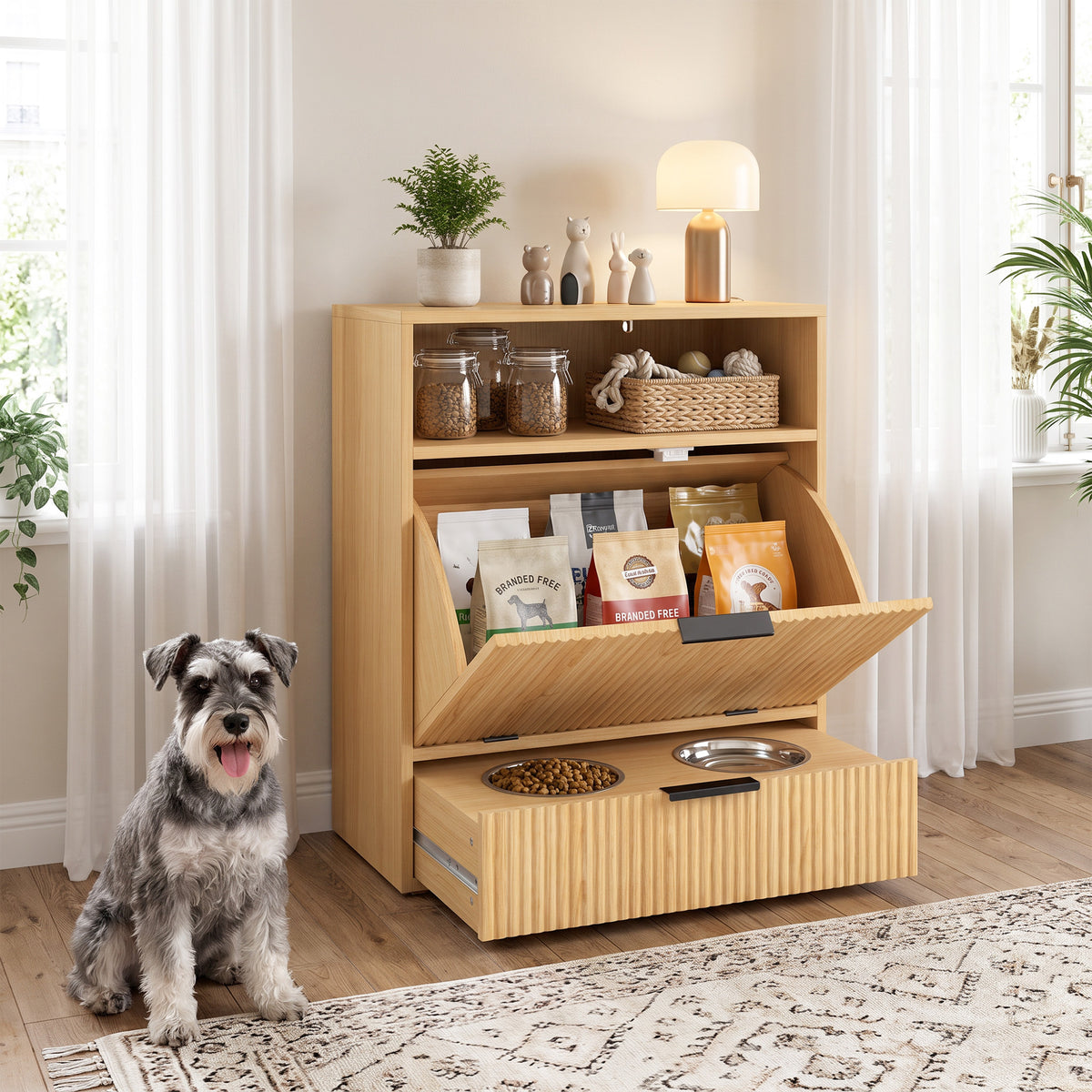 Dog Feeding Station with Storage, Hidden Pet Feeding Station with 2 Elevated Bowls, Tilt Out Storage Cabinet