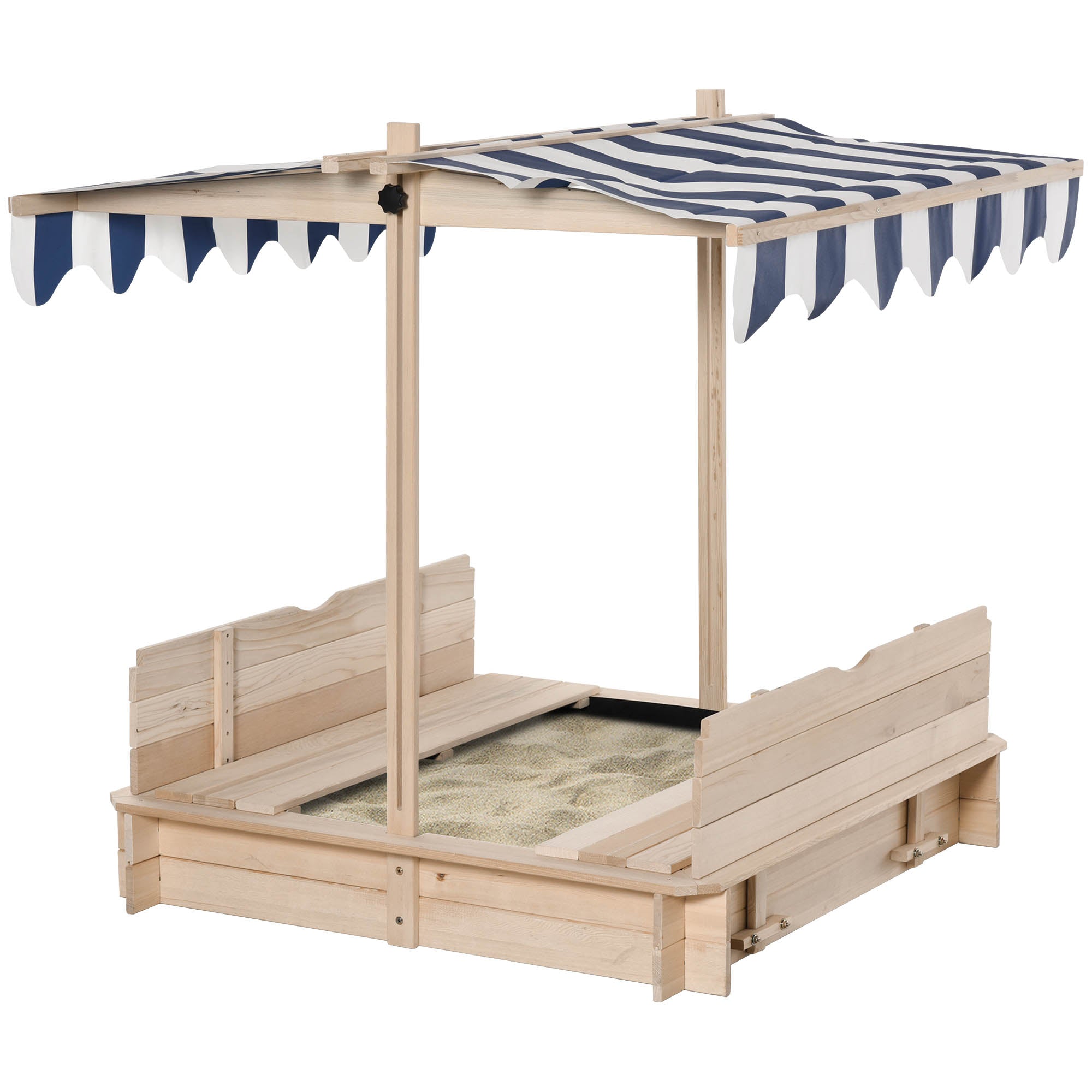 Covered Sandbox, Wooden,with Cover Adjustable Canopy, Detachable Seats and Backrests, Kids Sandbox with Convertible Bench Seat, Bottom Liner, Natural Blue