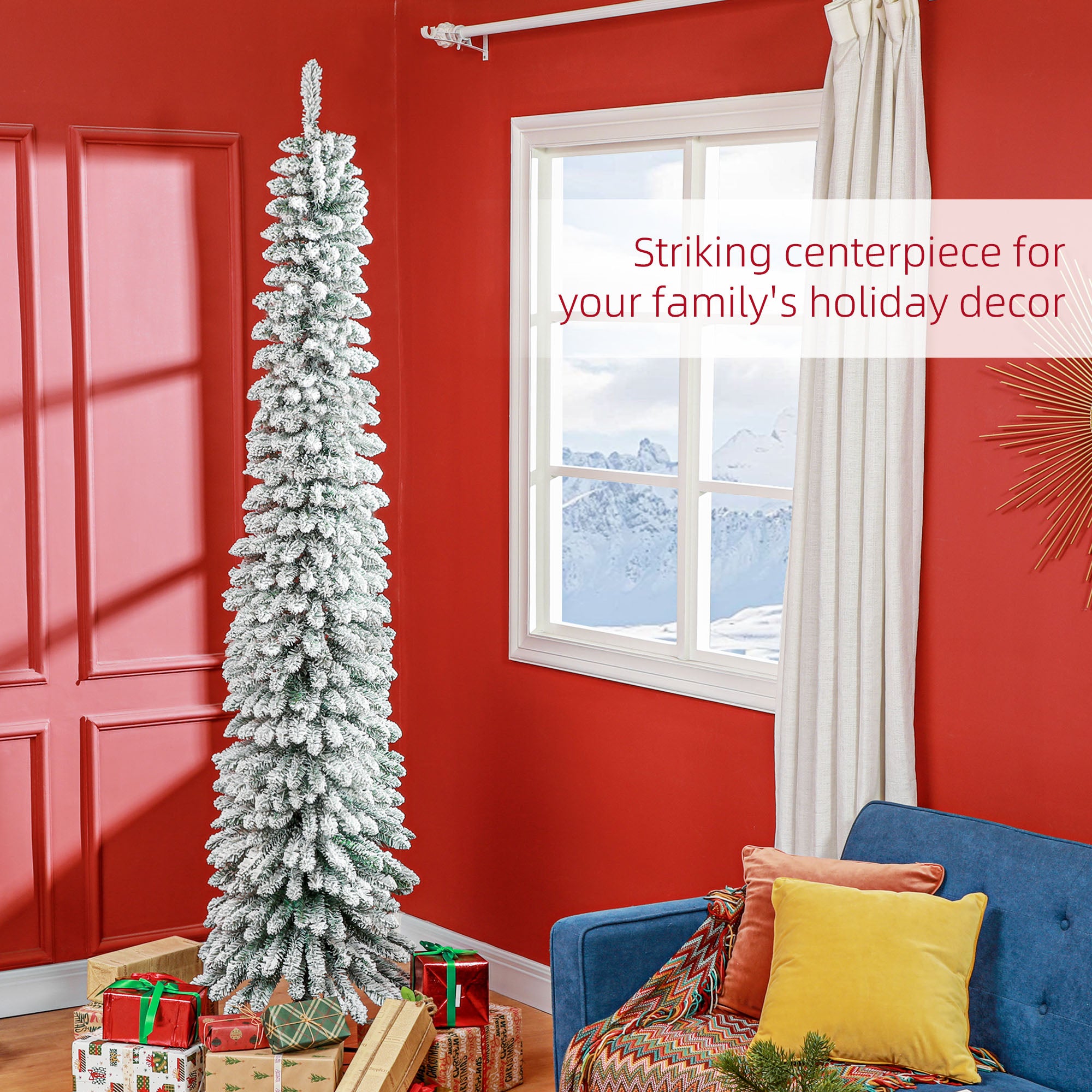 8' Tall Unlit Slim Pencil Xmas Tree, Snow Flocked Artificial Christmas Tree with Realistic Branches and 603 Tips, Green