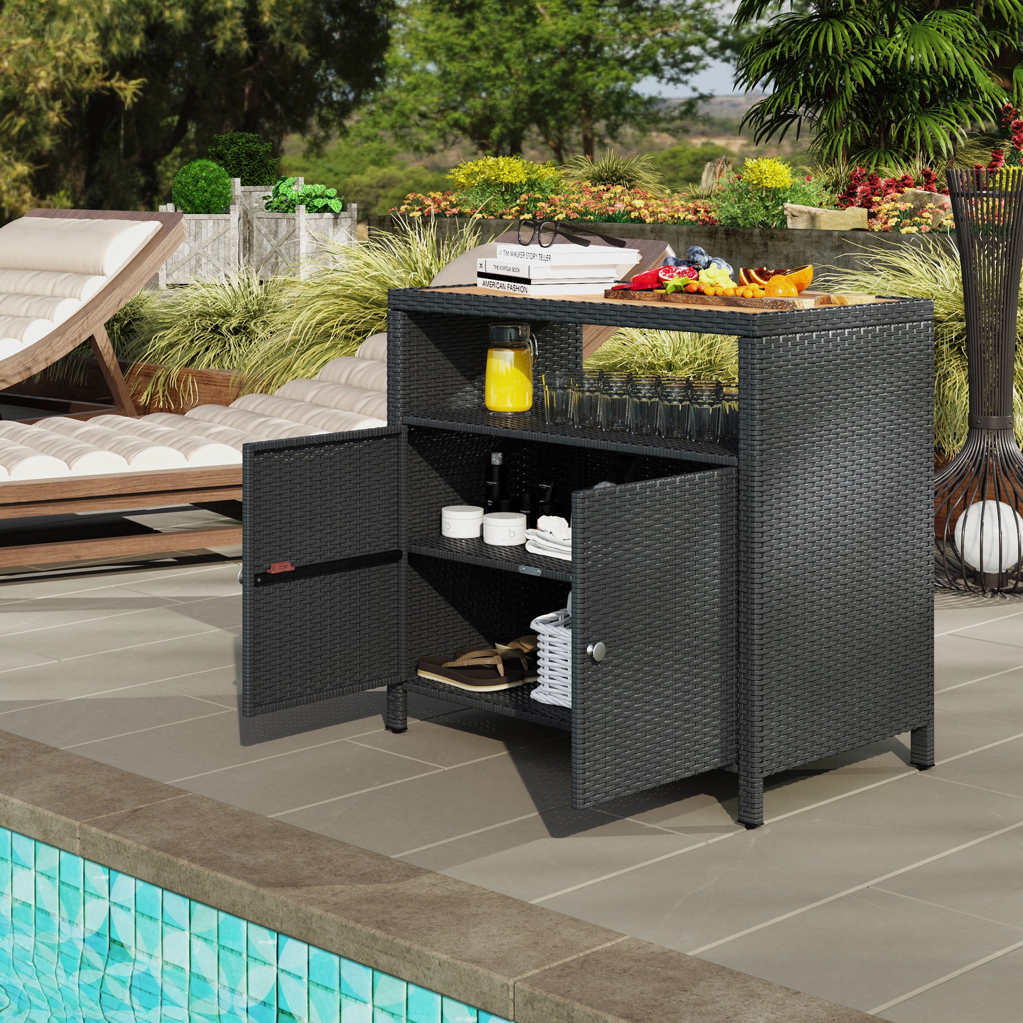 Outdoor Storage Cabinet with Acacia Wood Top, Two Doors, Shelf, Wicker Bar Table for Pool Towel Storage, Black - Black - Image 8