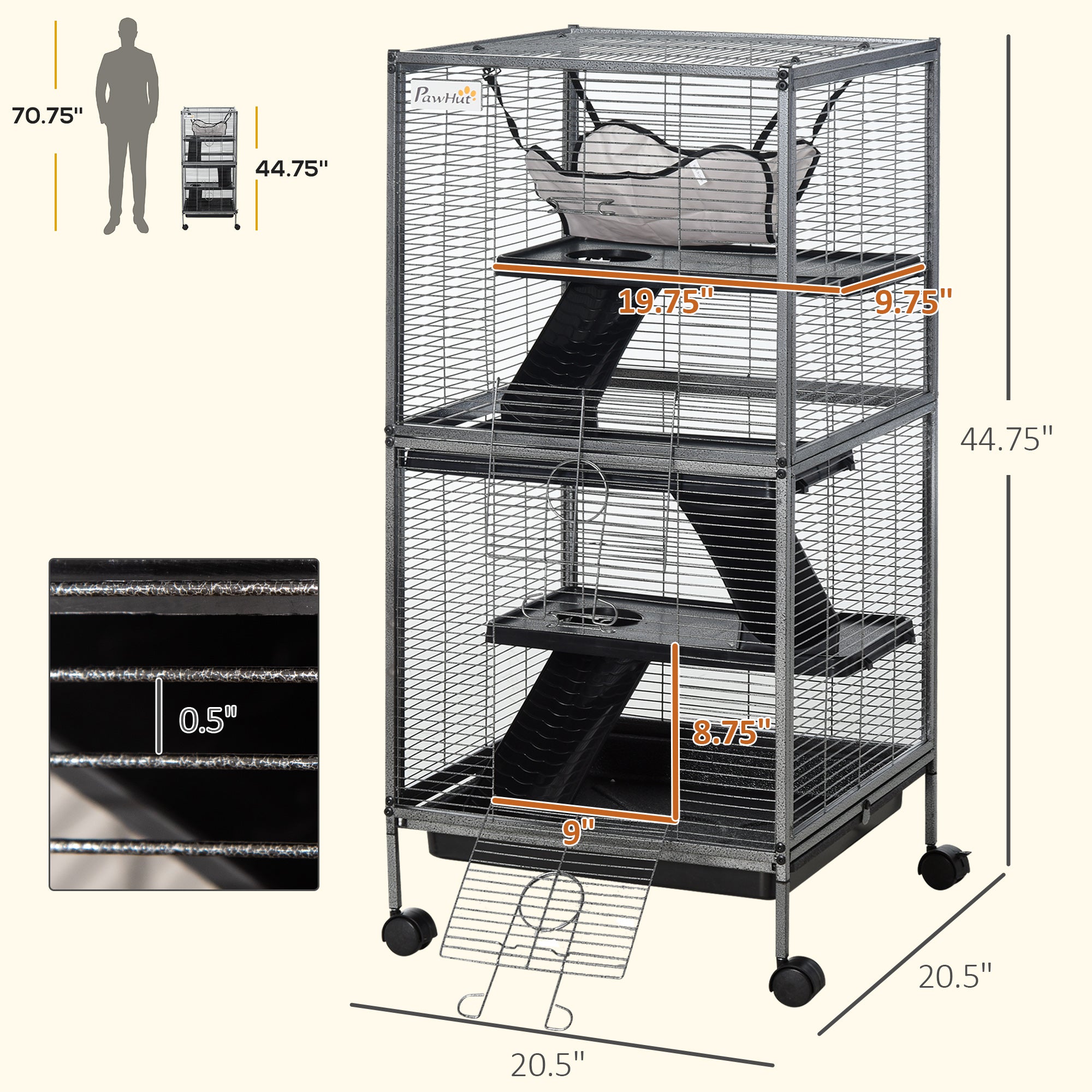 Metal Small Animal Cage Rolling Big Ferret Cage, Chinchilla Cage, Sugar Glider Cage, with Hammock & 4 Tiers, Removable Tray, Gray - Gray - Image 3