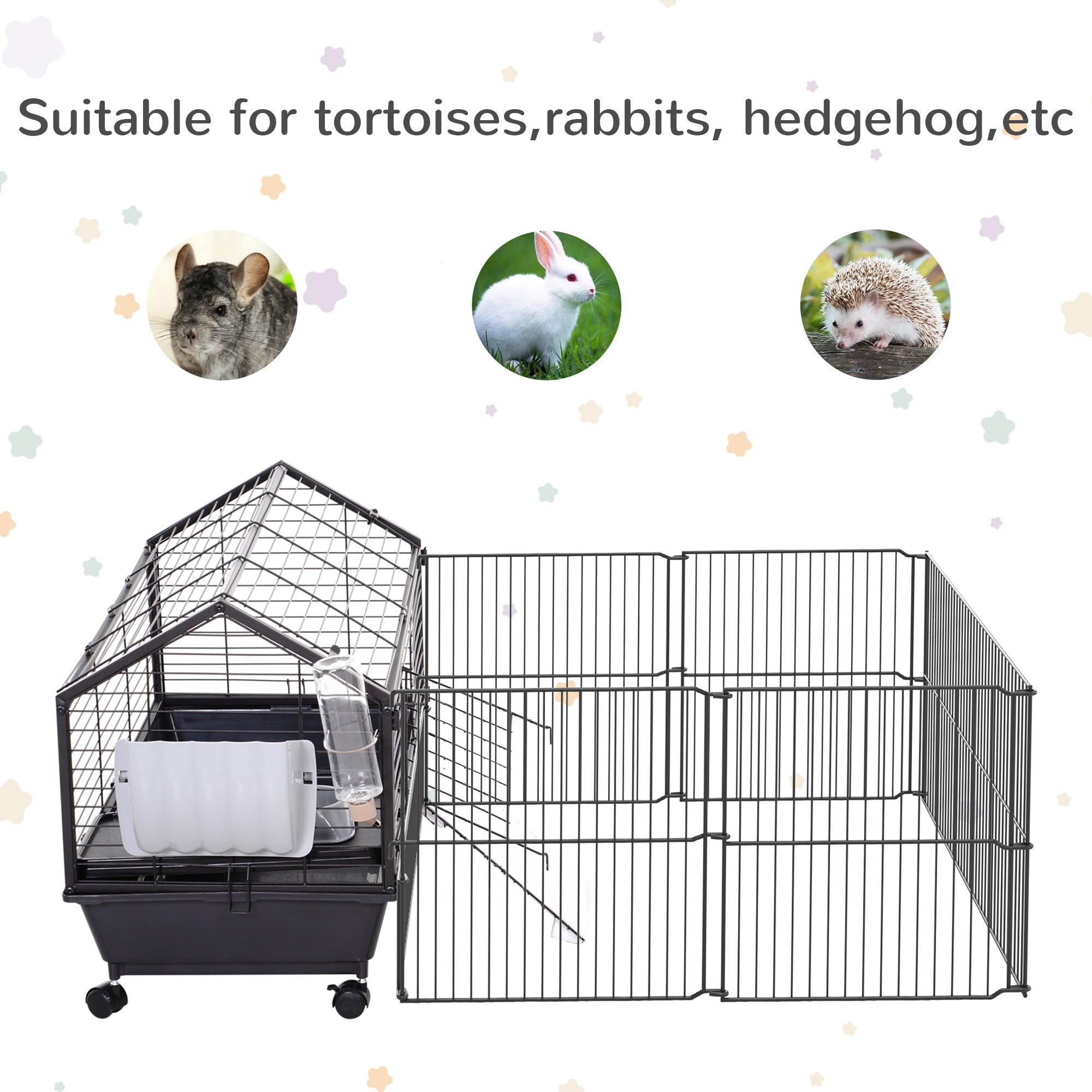 Rolling Metal Rabbit, Guinea Pig, or Small Animal Hutch Cage with Main House and Run - Black and Beige - Image 5