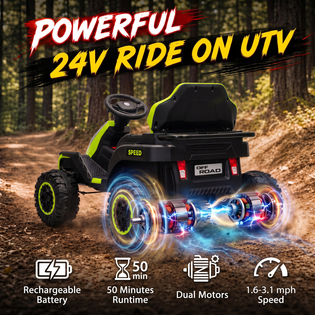24V Kids Electric Ride On Car with Dual Motors, Remote Control, 4-Wheel Suspension, Soft Start for 3-6 Years, Green