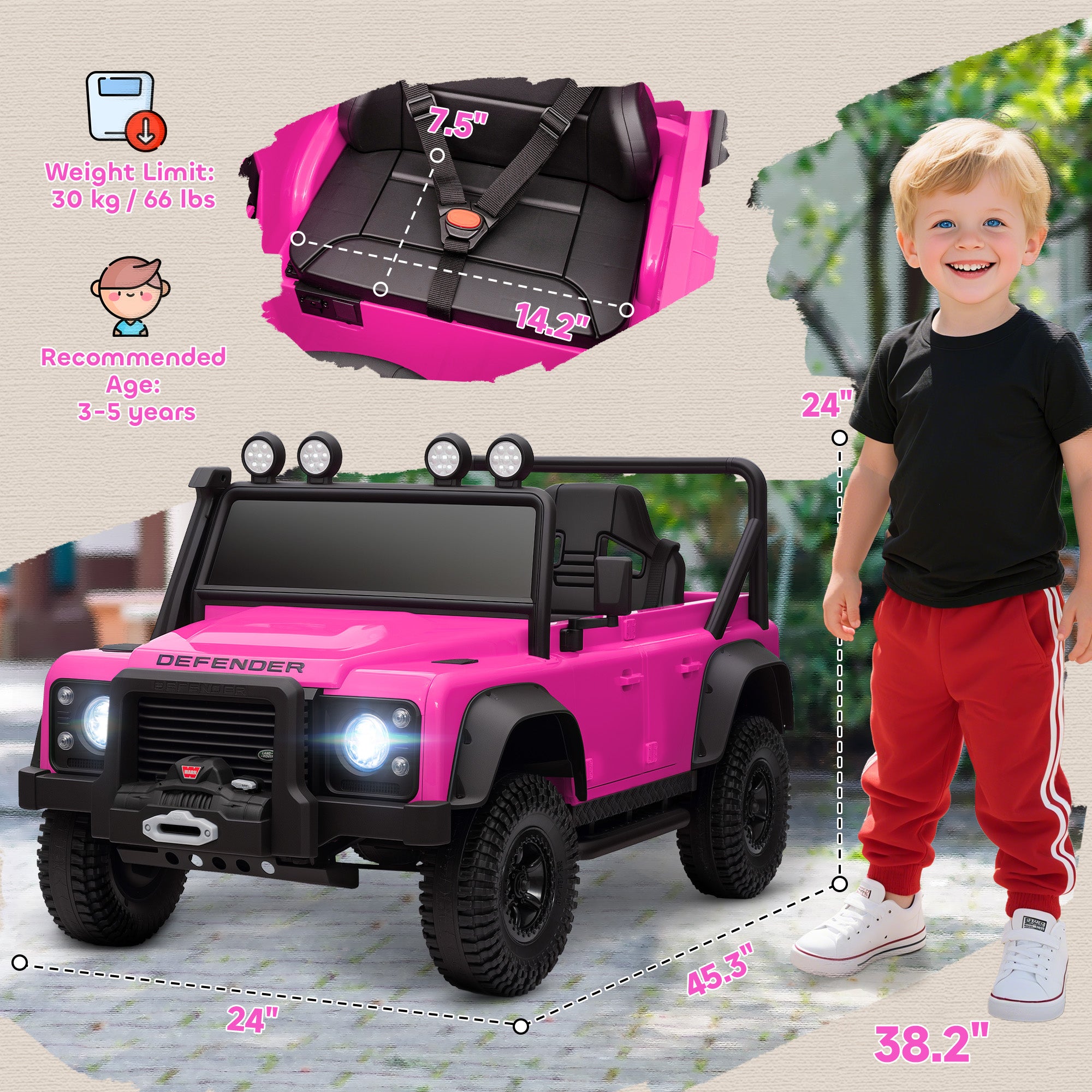 Land Rover Licensed Electric Car for Kids with Remote Control, Dual Motors, Spring Suspension, LED Lights, Pink
