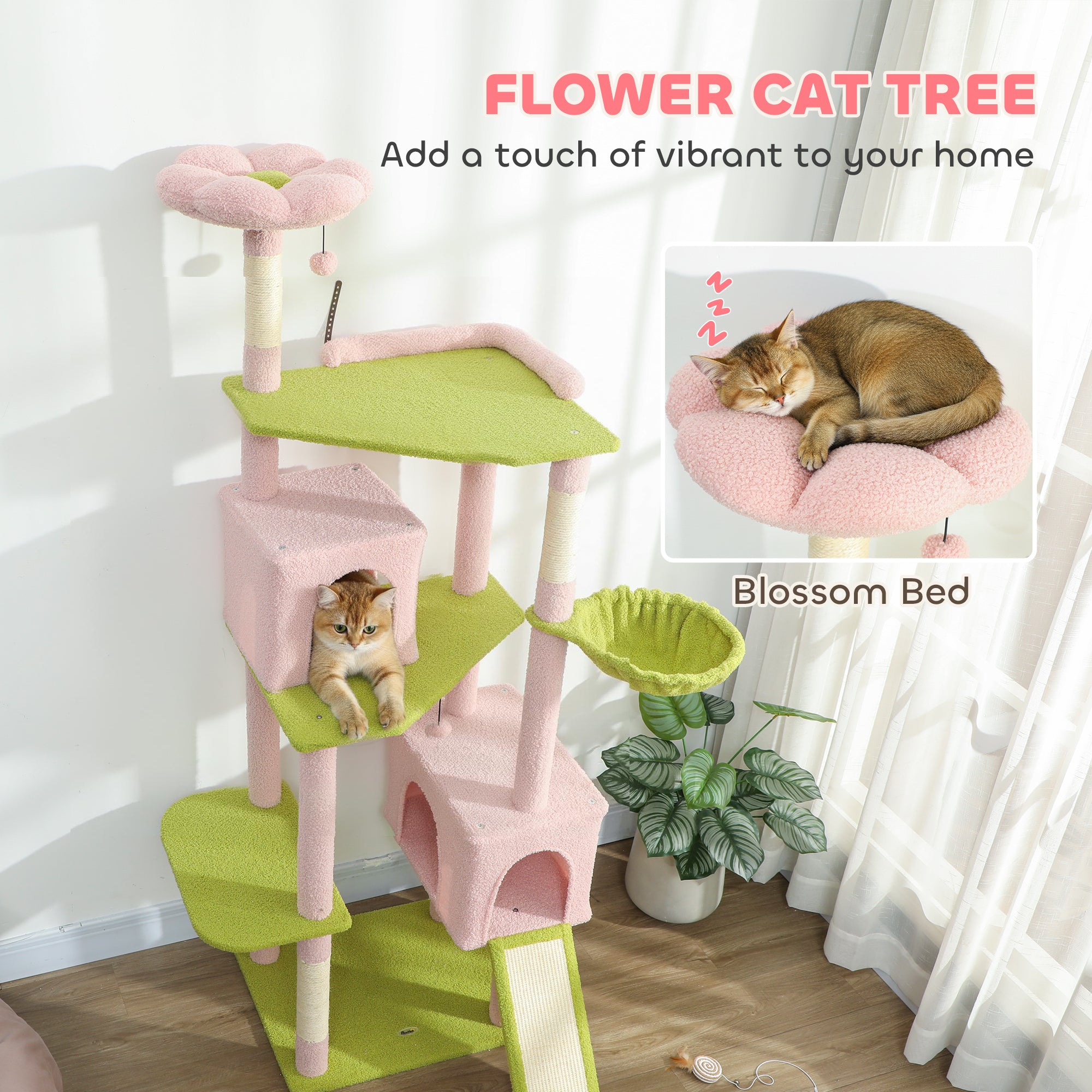 74" Flower Cat Tree, Large Cat Tower with Scratching Post & Board for Indoor Cats, Pink - Pink - Image 4