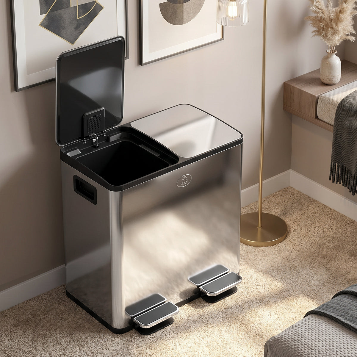 Trash Can, 2 x 5 Gallon Stainless Steel Garbage Can with Soft Close, Stay-Open Lid, Pedals, Inner Buckets, Silver