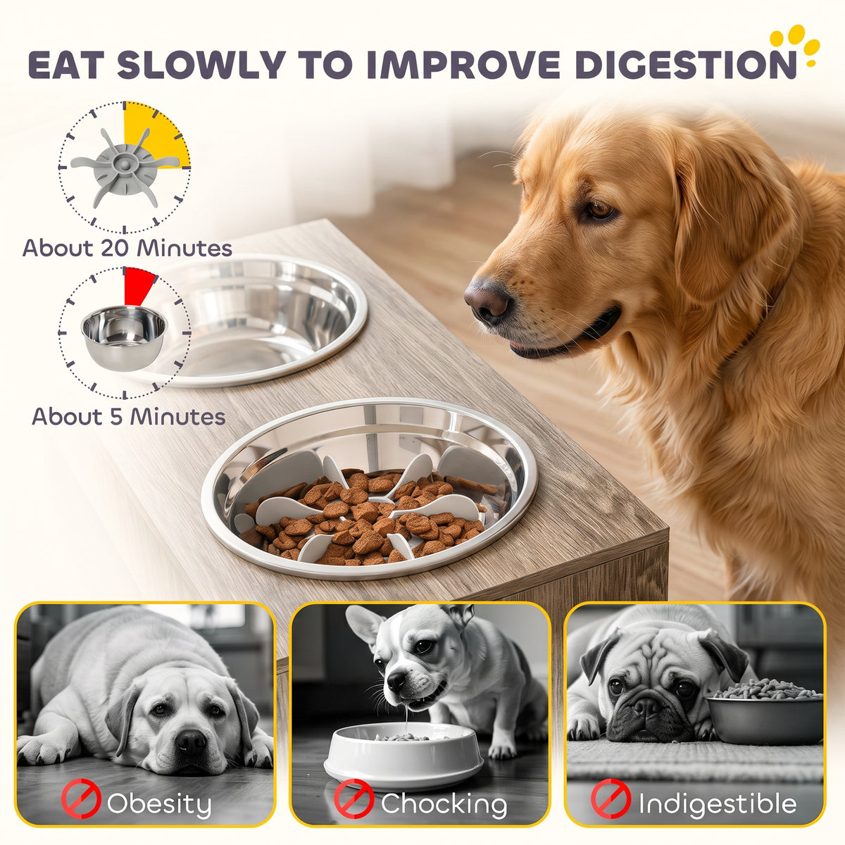 Elevated Dog Bowls with Storage Cabinet, 2 Stainless Steel Bowls, Slow Feeder, Dog Feeding Station for Large Dogs, Brown Wood Grain