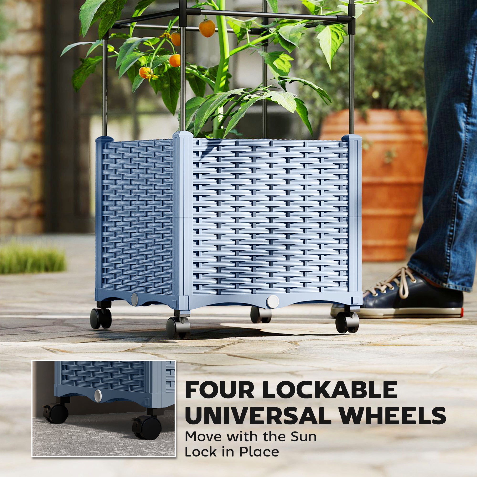 Raised Garden Bed with Trellis, Tomato Cage with Lockable Wheels, Self Watering Planter Box with Drainage Holes, Gray - Gray - Image 7