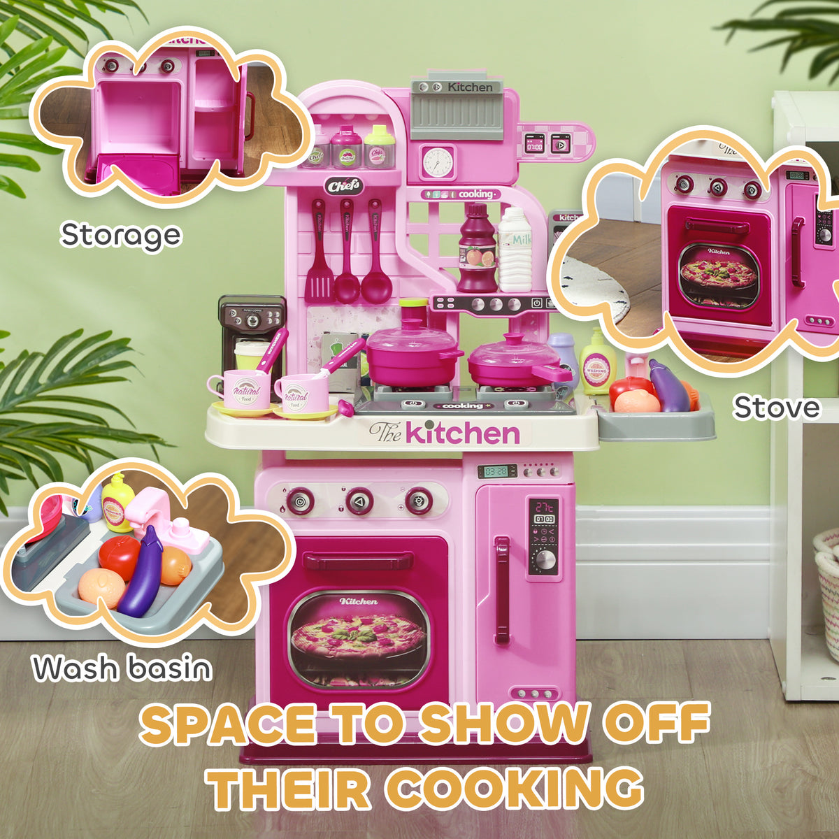 Qaba Kids Play Kitchen with Lights, Sounds, 33 Accessories & Storage for Toddler 3-6 Years