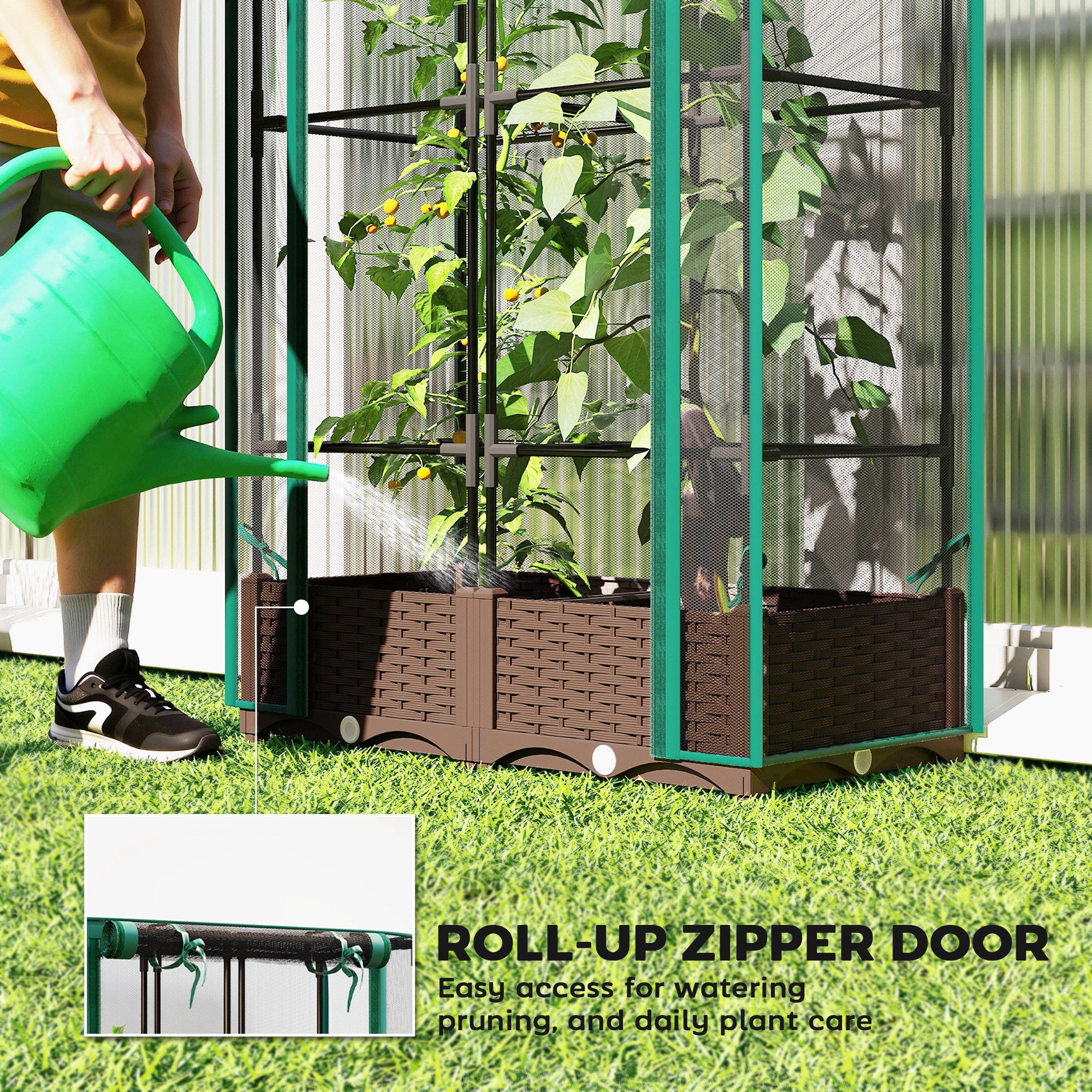 Raised Garden Bed with Trellis, 46.5" Tomato Cage with Crop Cage, Self Watering Planter Box with Drainage Holes, Green - Green - Image 7