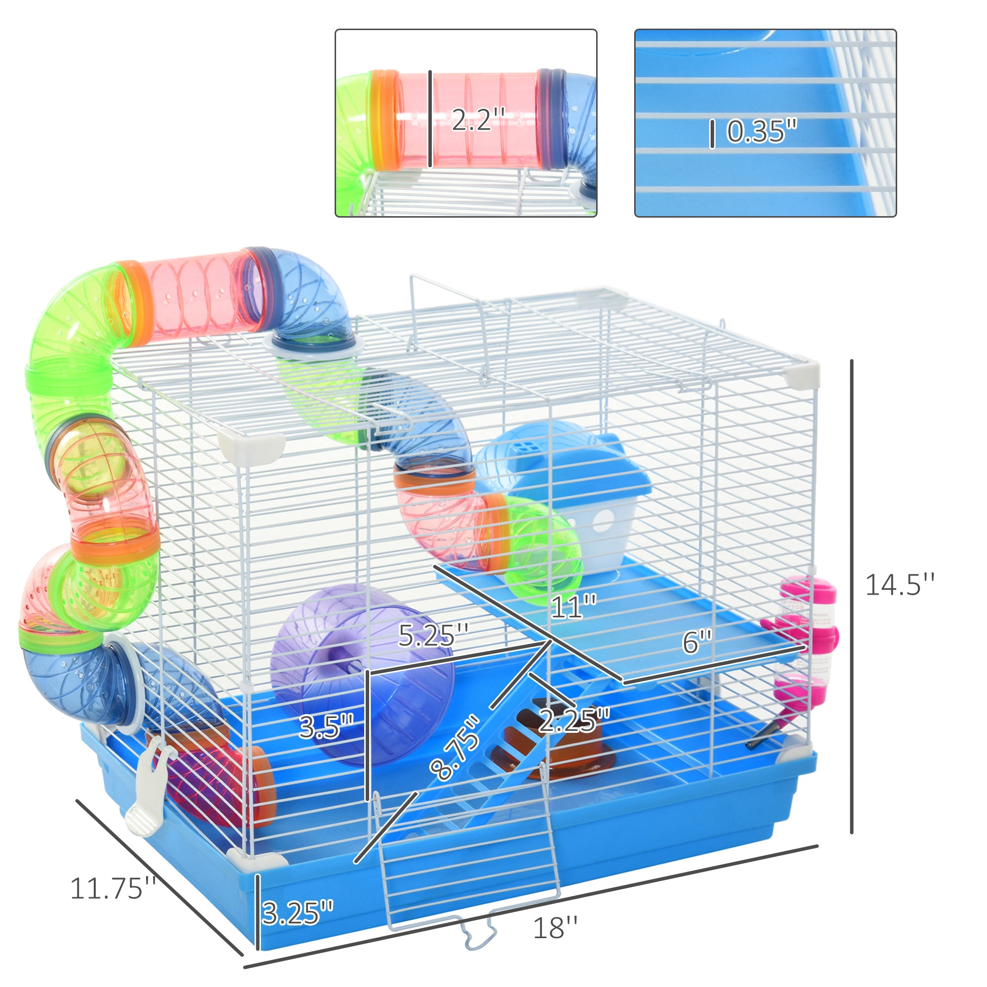 2-Level Hamster Cage Rodent Gerbil House Mouse Mice Rat Habitat Metal Wire with Exercise Wheel, Play Tubes, Water Bottle, Food Dishes, & Interior Ladder - Blue - Image 3