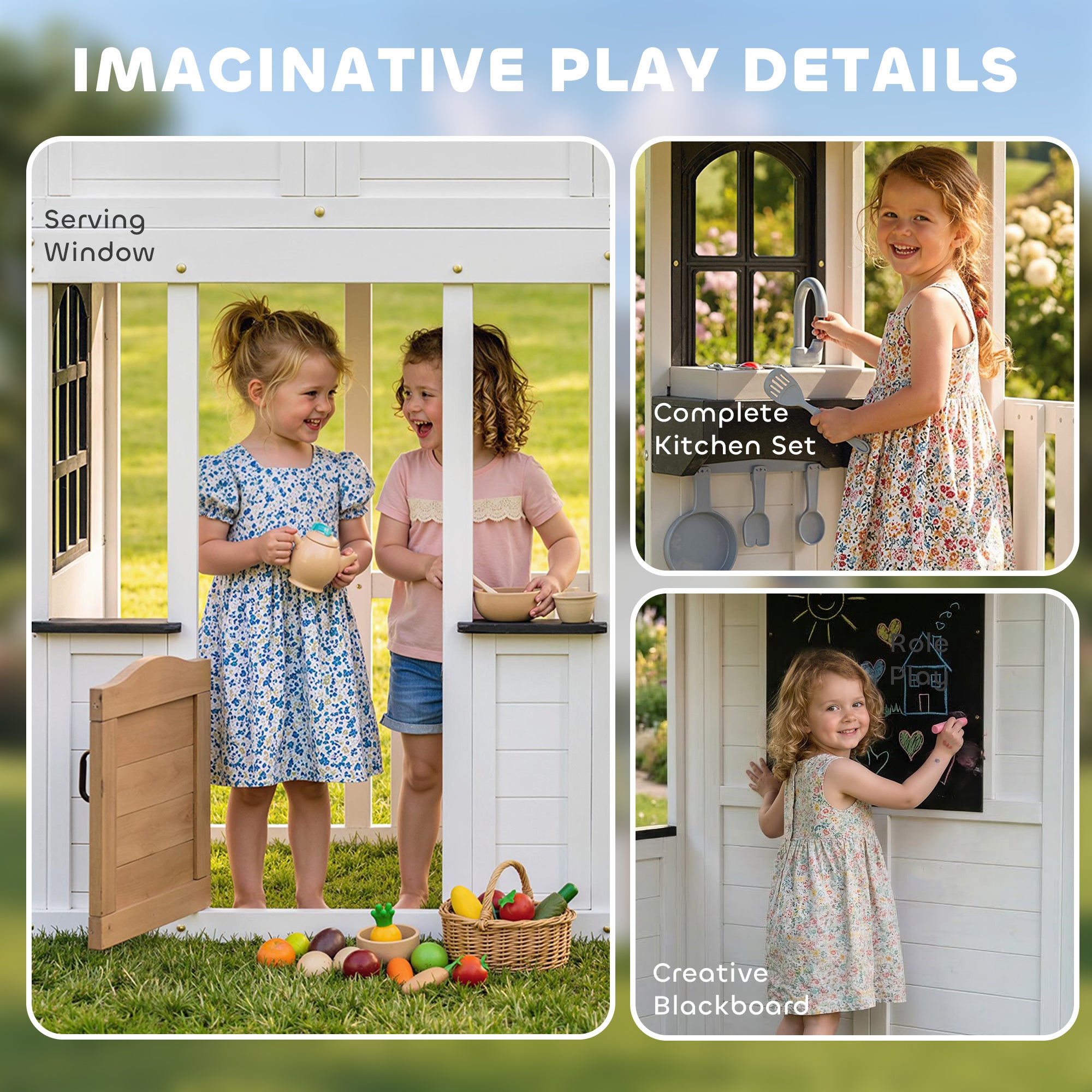 Two-Story Outdoor Playhouse, Wooden Kids Playhouse with Slide, Table & Bench, Play Kitchen, Ladder, Blackboard, White