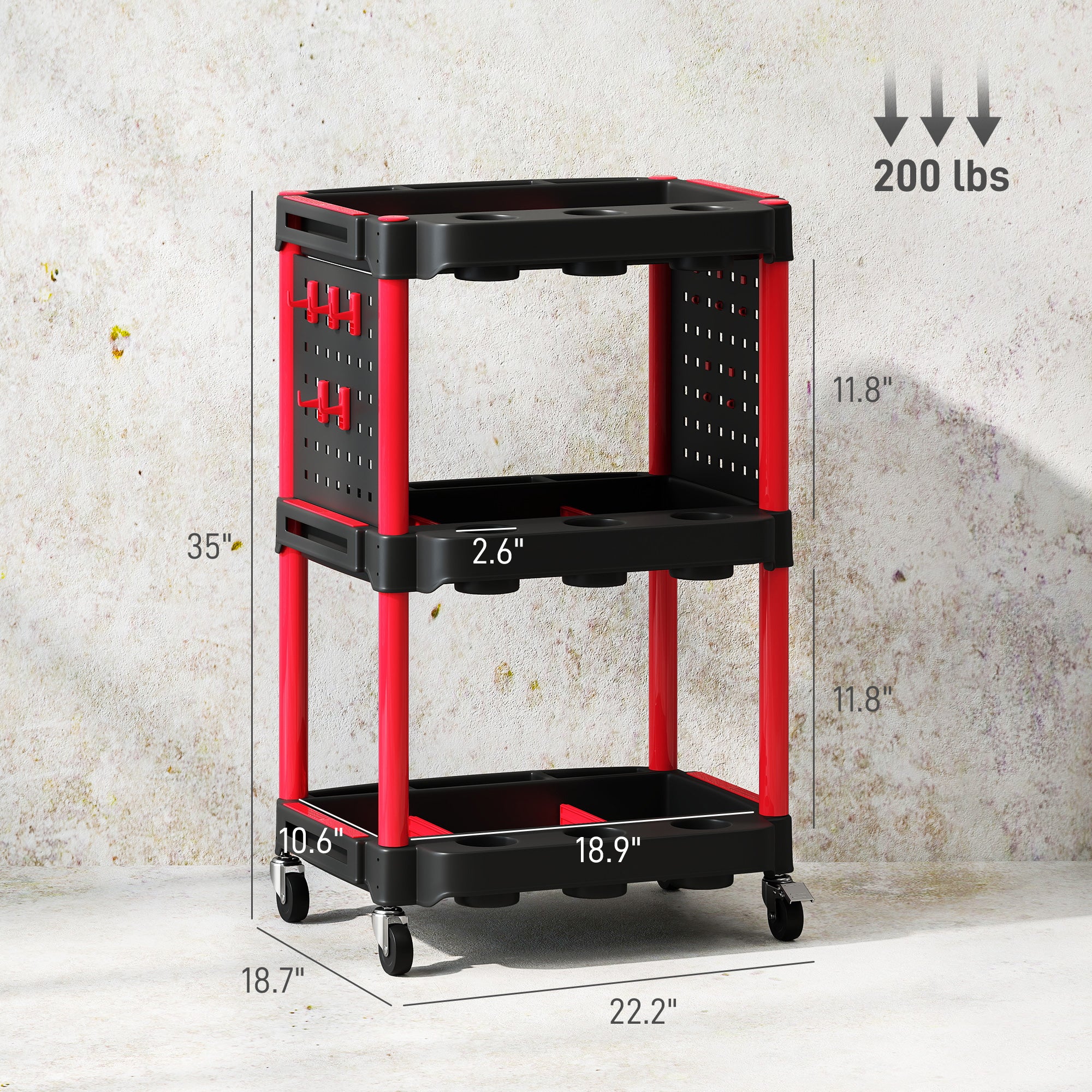 3-Tier Rolling Tool Cart, 200 LBS Capacity Plastic Utility Cart with Side Shelves for Garage, Workshop, Black and Red