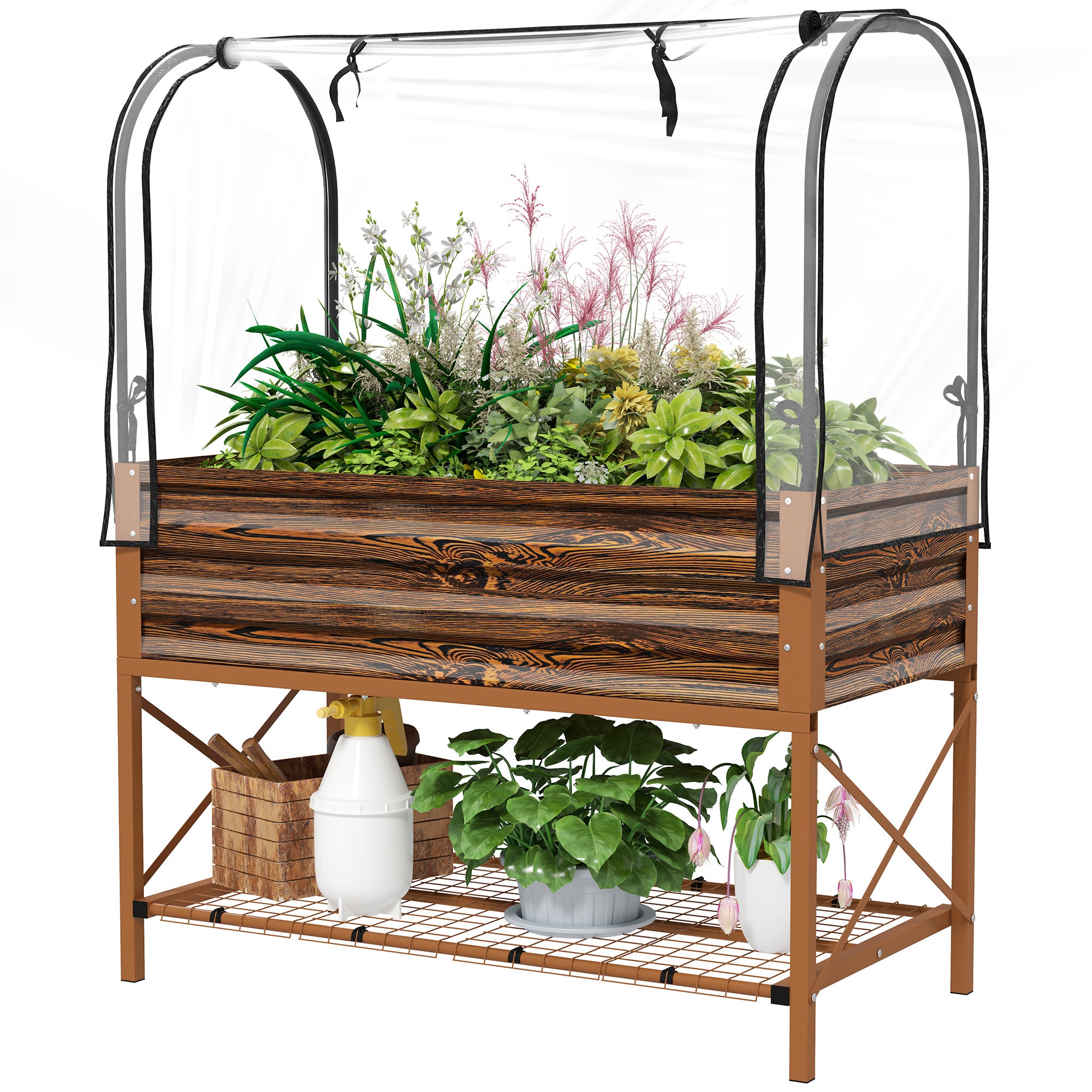 Raised Garden Bed with Legs and Cover, Metal Elevated Planter Box with Bottom Shelf and Liner for Vegetables, Brown - Brown