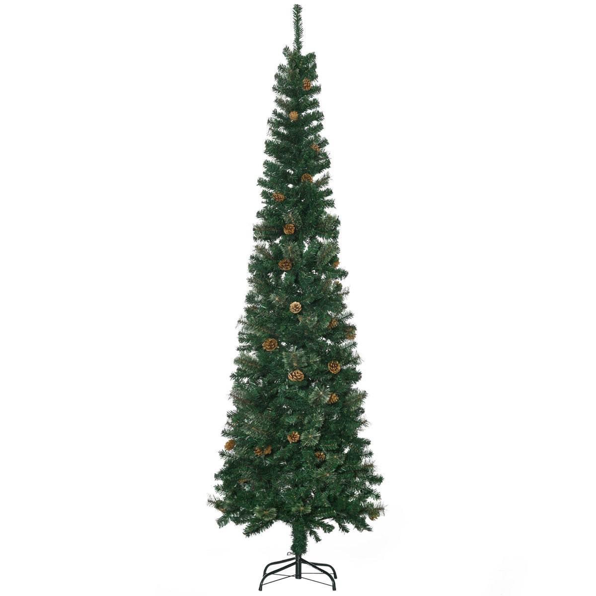 7.5 Foot Pencil Artificial Christmas Tree, Slim Pine Needles Xmas Tree with Realistic Branches, Pine Cones, Metal Base, Green