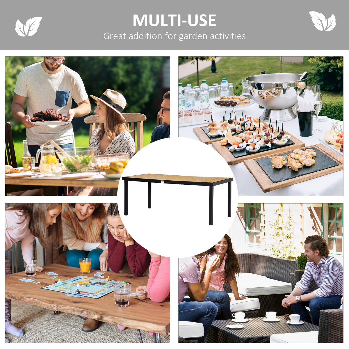 75" x 35" Outdoor Dining Table for 8 People, Rectangular Aluminum Frame Garden Table with All-Weather Faux Wood Top for Lawn, Patio, Natural