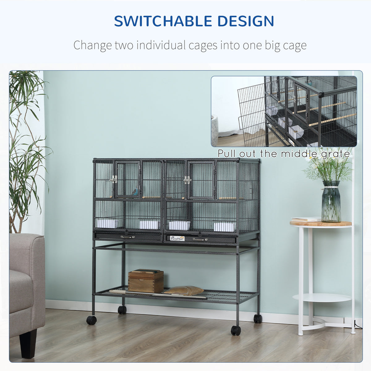 Divided Breeder Bird Cage with Rolling Stand Removable Metal Tray, Storage Shelf, Wood Perch, and Food Container
