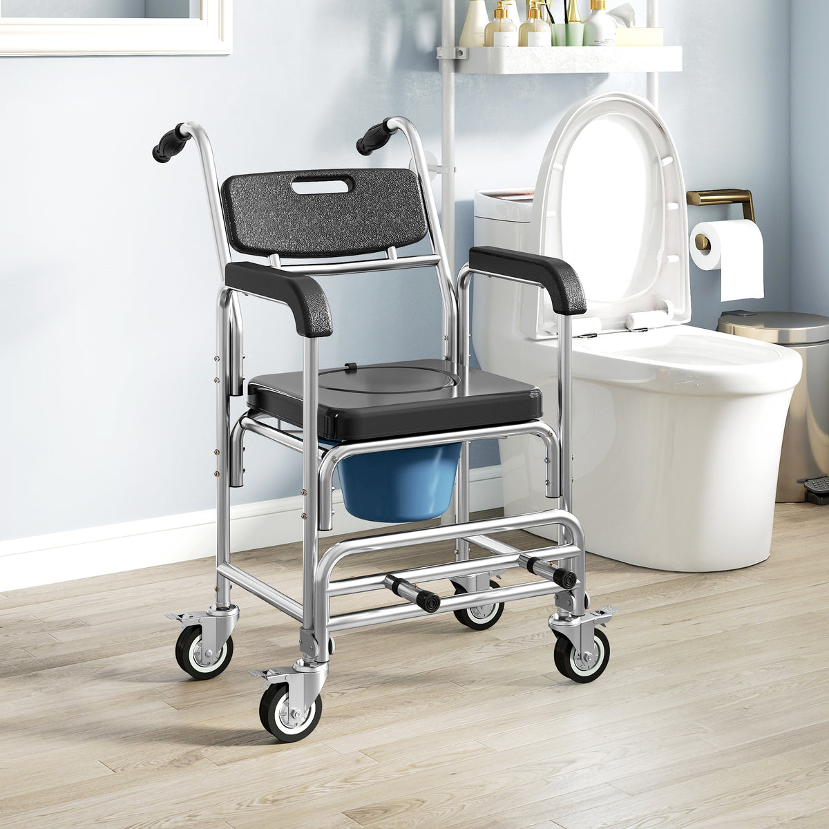 3-in-1 Shower Commode Wheelchair, Accessible Transport Commode Medical Rolling Chair, Black