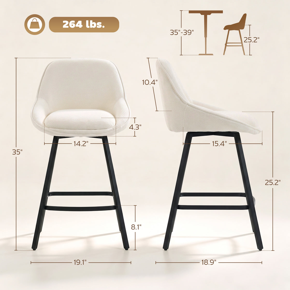 Bar Stools Modern Chenille 360° Swivel Barstools Counter Height Backrest Footrest Set 2, Cream White