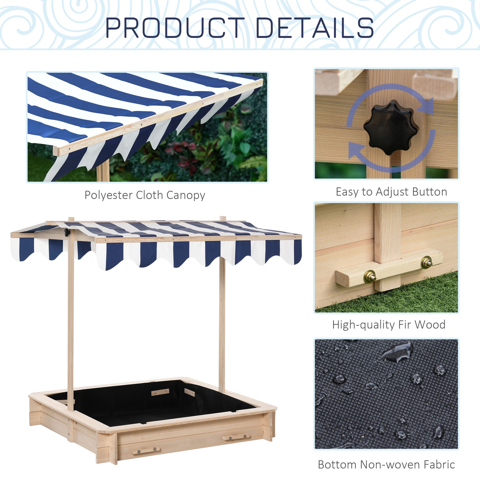 Covered Sandbox, Wooden,with Cover Adjustable Canopy, Detachable Seats and Backrests, Kids Sandbox with Convertible Bench Seat, Bottom Liner, Natural Blue