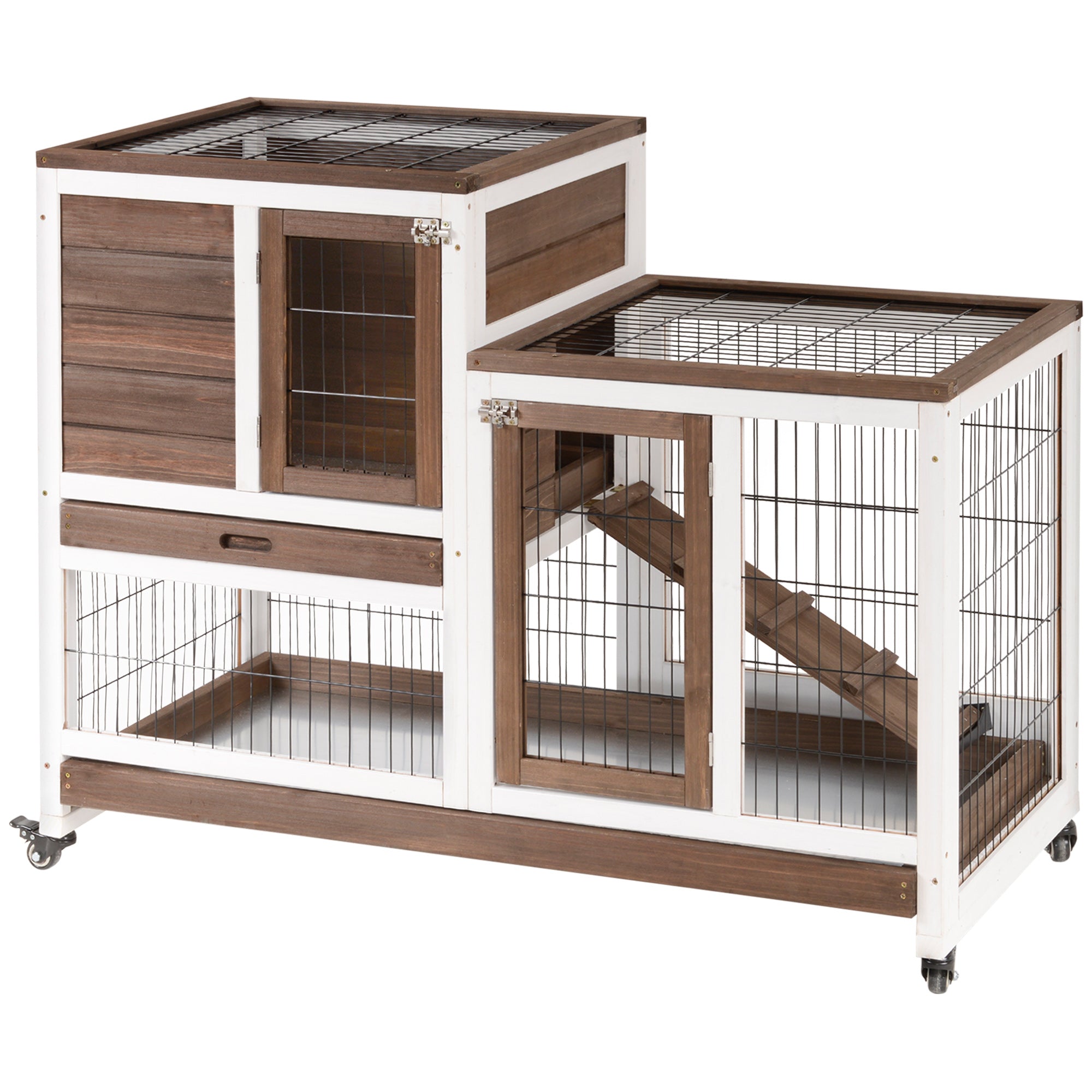 Wooden Rabbit Hutch Elevated Bunny Cage Indoor Small Animal Habitat with Enclosed Run with Wheels, Ramp, Removable Tray for Rabbits, Chickens, Ducks, Guinea Pigs, Brown - Brown