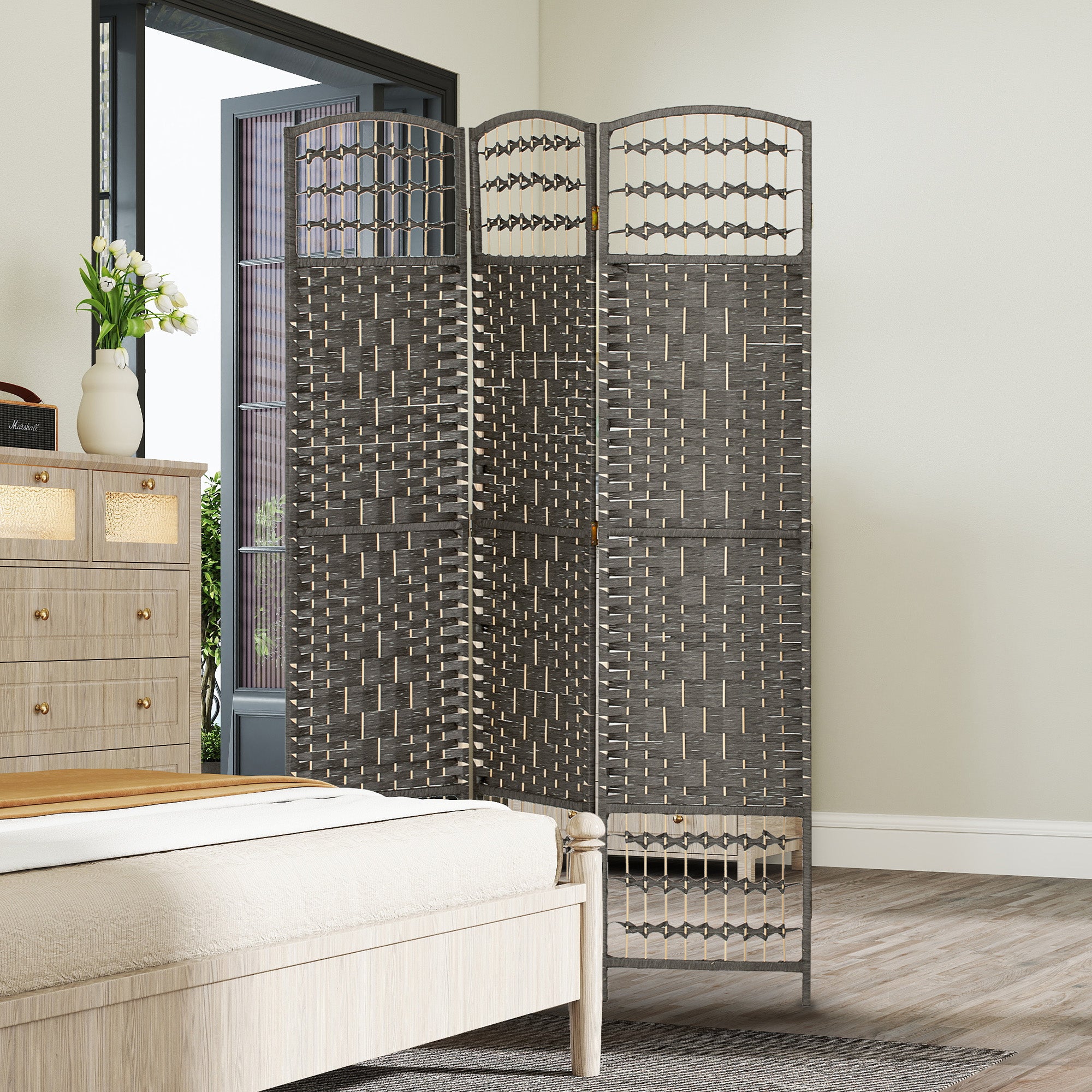 3 Panel Folding Room Divider Portable Privacy Screen Wave Fiber Room Partition for Home Office Dark Gray