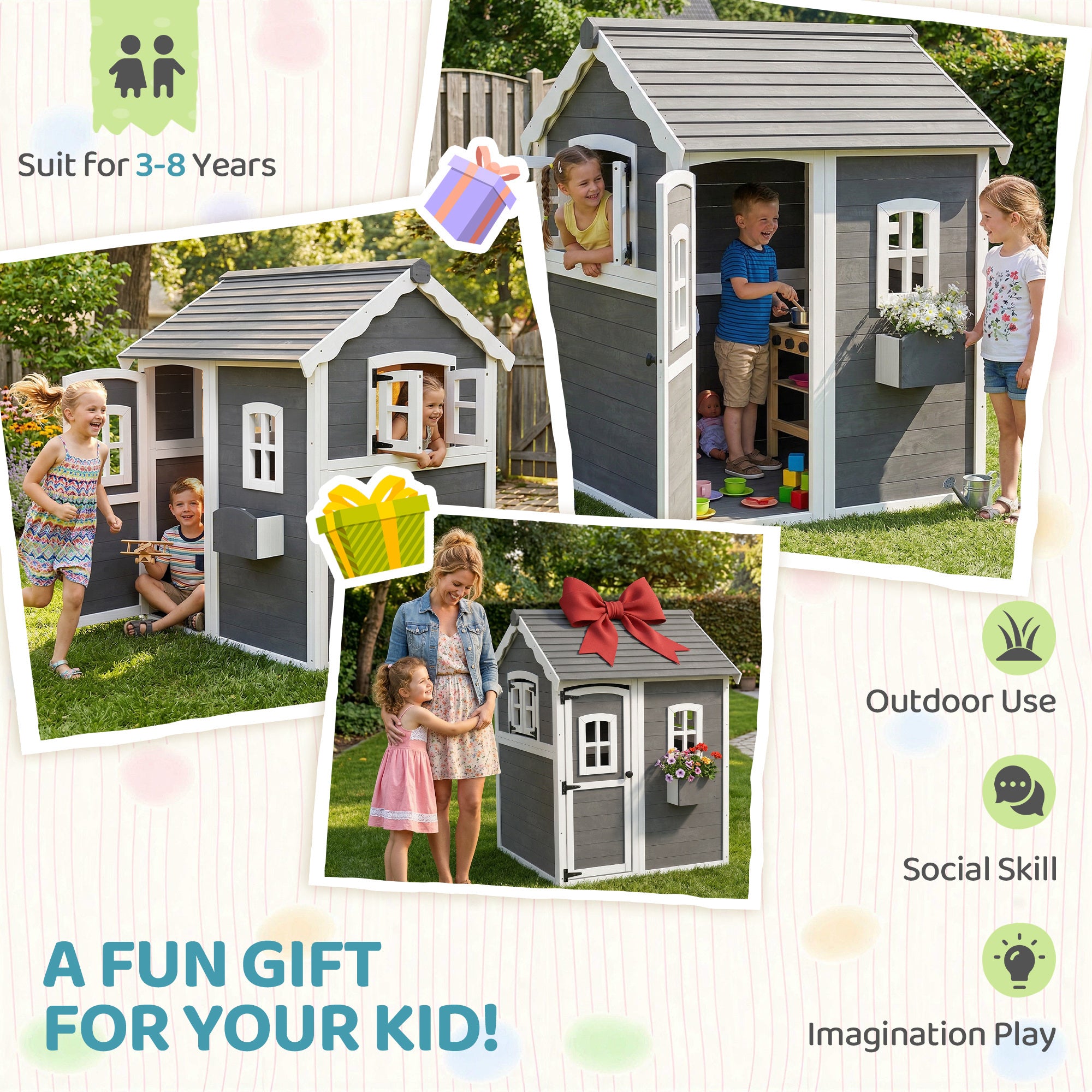 Outdoor Wooden Playhouse for Kids with Floor, Door, Windows, Planter Box for 3-8 Years Old, Backyard, Lawn, Garden