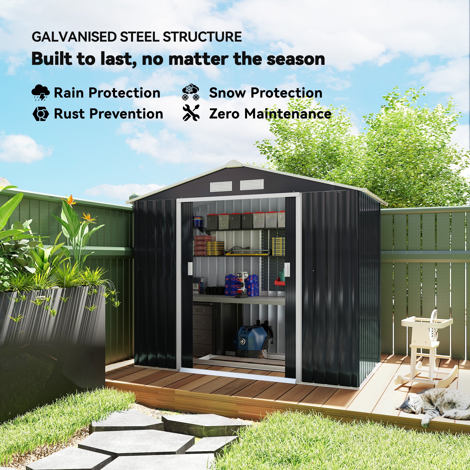 7'x4' Metal Outdoor Shed Organizer & Garden Storage with 4 Vents for Airflow & 2 Easy Sliding Doors - Dark Gray - Dark Gray - Image 4